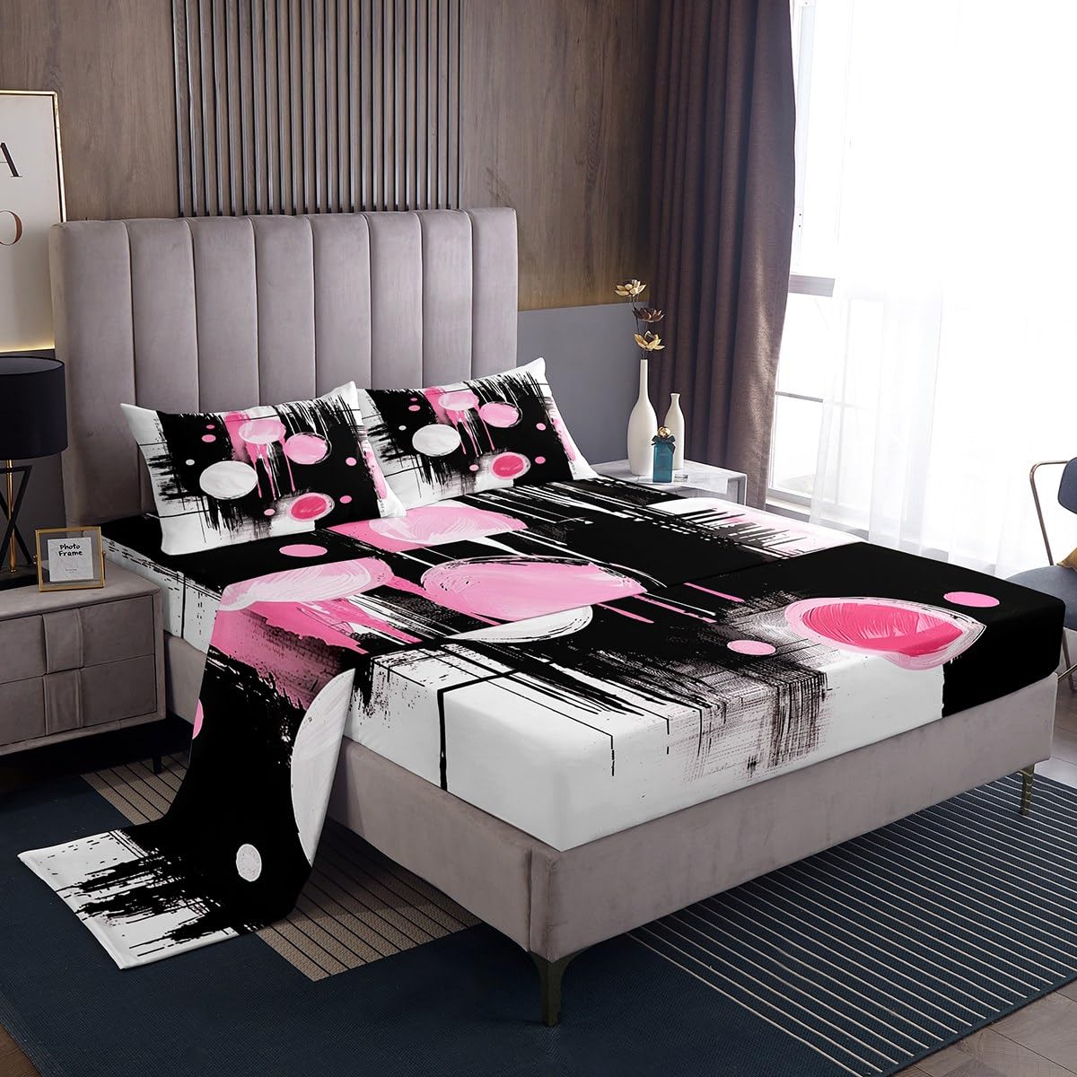 jejeloiu Retro Circle Bed Sheets Set Twin Size Black and Pink Abstract Bed Set Deep Pocket Fitted Sheet Breathable Soft Lightweight Microfiber