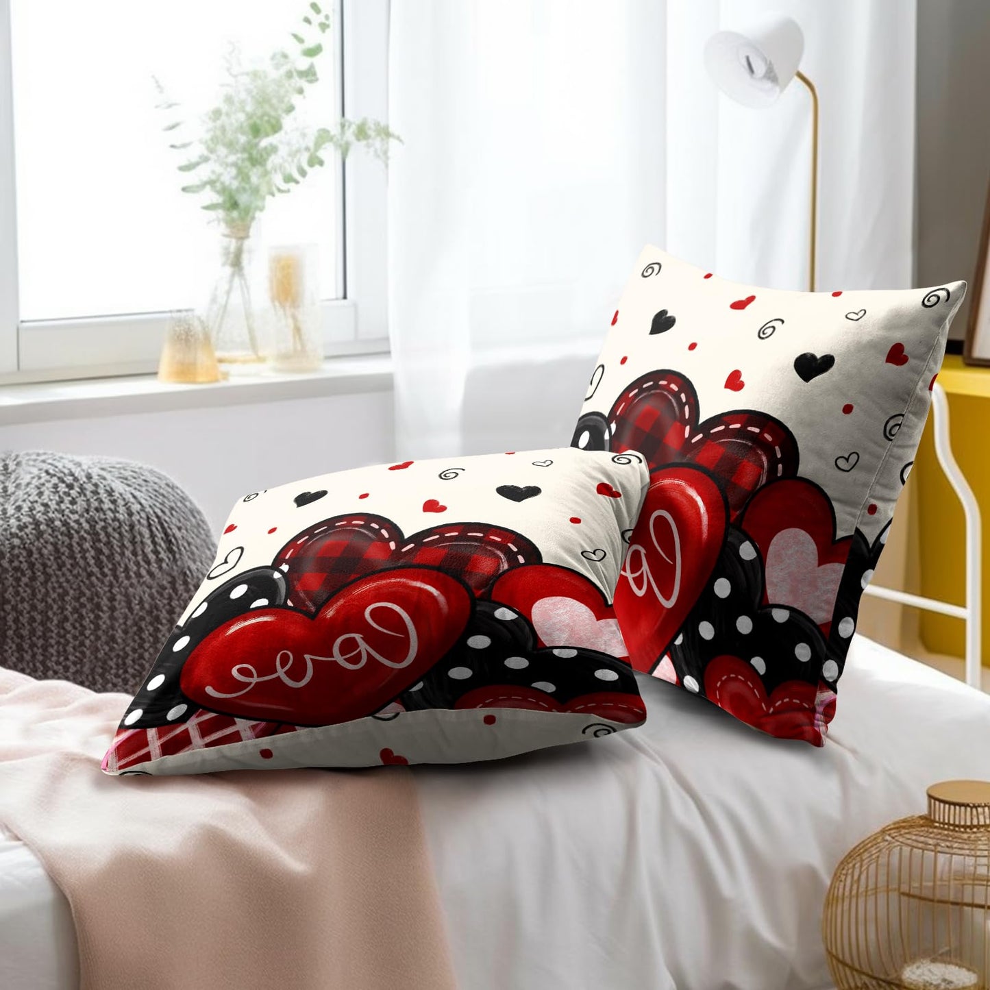 Mweet Valentines Day Pillow Covers 18x18 Inch Set of 2, Red Black Plaid Dots Hearts and Love Design Square Pillowcases for Sofa Couch Bed Chair Indoor Outdoor Home Decor