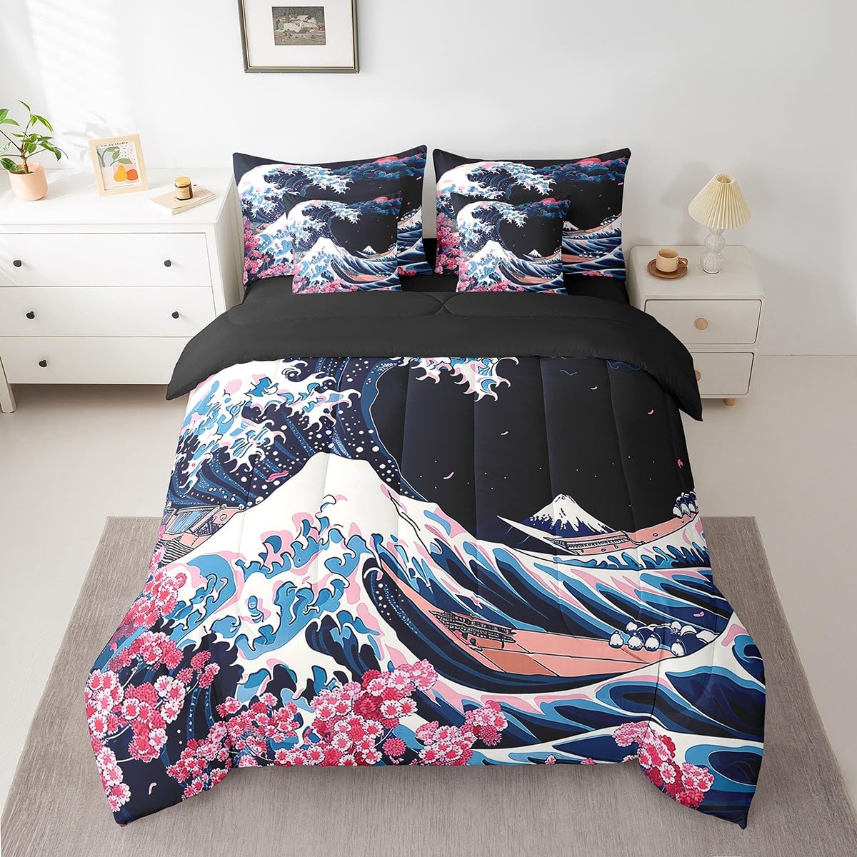 Erosebridal Blue Ocean Waves Queen Bedding Set 7 Piece,Japanese Style Comforter Set for Kids Adults,Pink Cherry Blossom Bed in a Bag Ukiyoe Aesthetic Bed Set with Fitted+Flat Sheet,Pillowcases