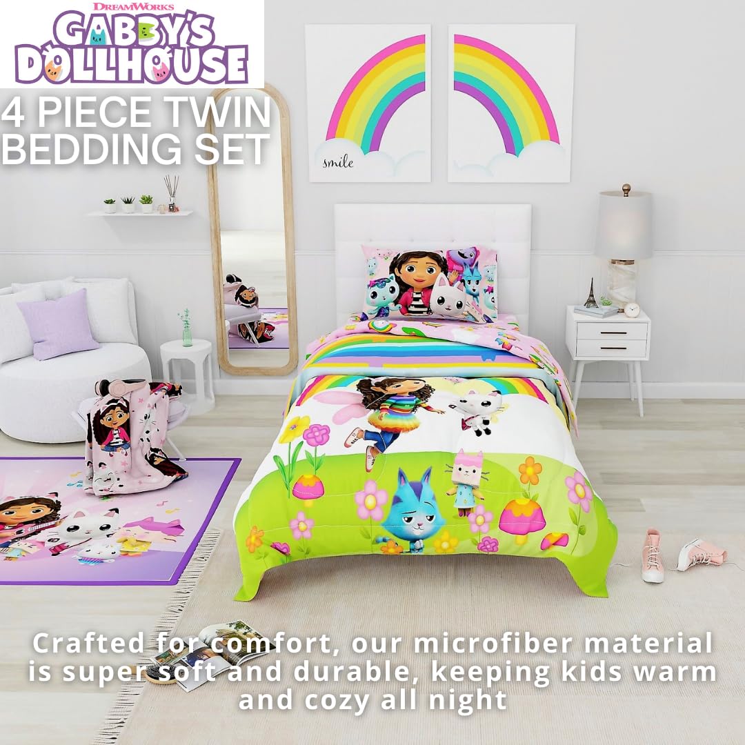 DreamWorks Gabby's Dollhouse Cakey, Mercat and Pandy Kids Bedding Super Soft Comforter and Sheet Set, 4 Piece Twin Size, (Official Licensed Product) by Franco