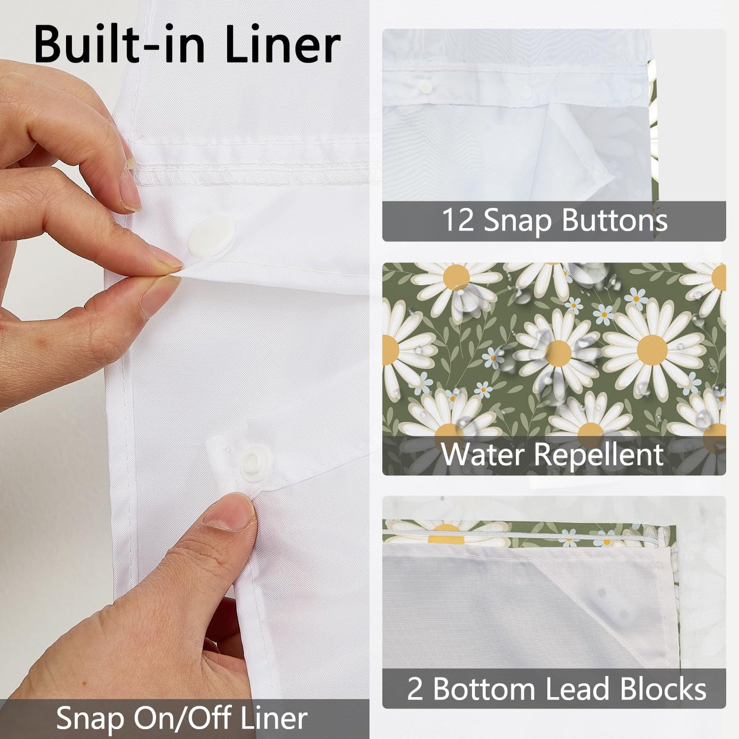 NAEMBCU No Hooks Daisy Shower Curtain with Snap in Liner, Green & White Daisy Floral Shower Curtains for Bathroom, Waterproof Cloth Fabric with See Through Mesh Top Window, 71x74 Inch