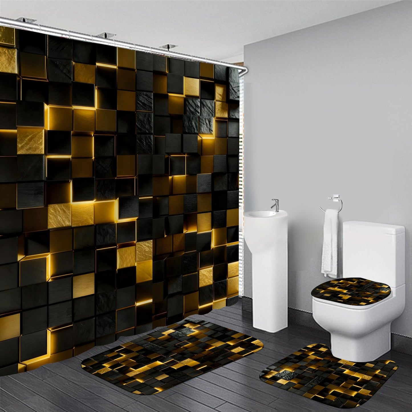 LQCOOL 4Pcs Black and Gold Shower Curtain Set 3D Cubes Bathroom Sets Modern Shower Curtain Set for Bathroom Sets with Rugs and 12 Hooks
