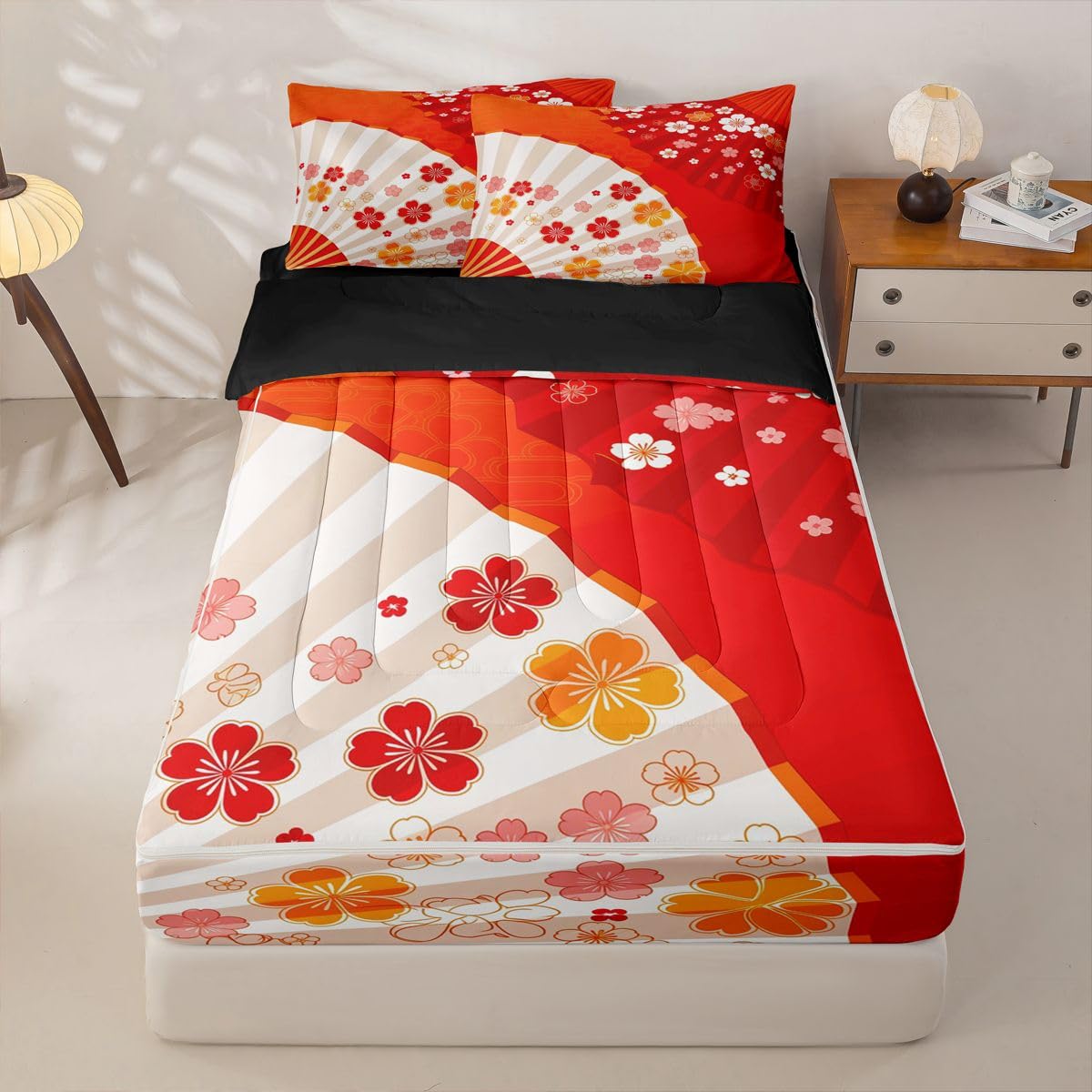 Erosebridal Japanese Style Fan Zipper Bedding Twin Size, Japan Fan Cherry Blossoms Kids Comforter Set - Asian Themed Zip Up Comforter Bed in A Bag