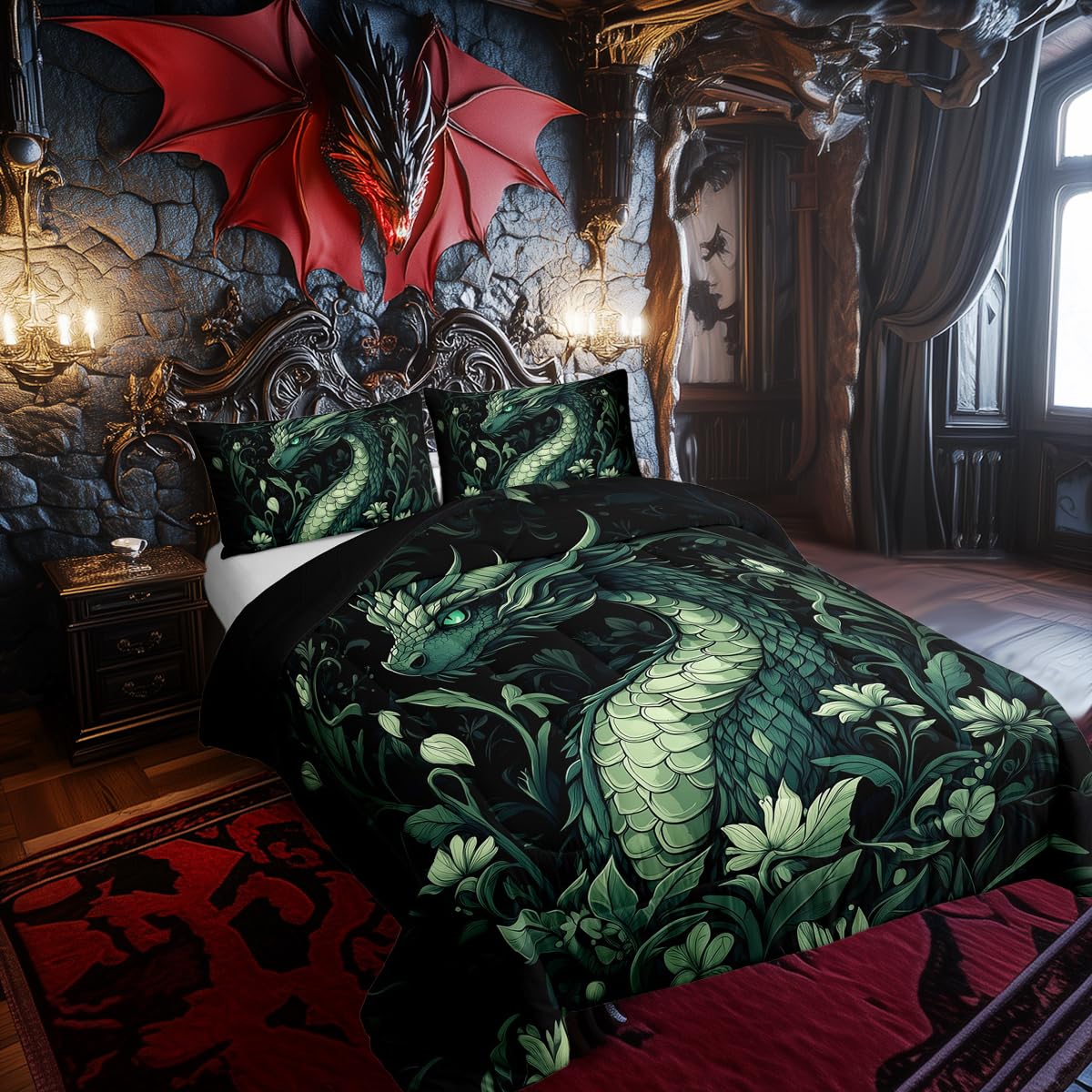 Retro Dragon Kids Comforter Toddler,Botanical Plants Wildlife Bedding Set for Teens Youth Bedroom Decor,Jungle Wild Leaves Animals Reversible Quilt Sets,Rustic Farmhouse Style Bedding Comforter Set