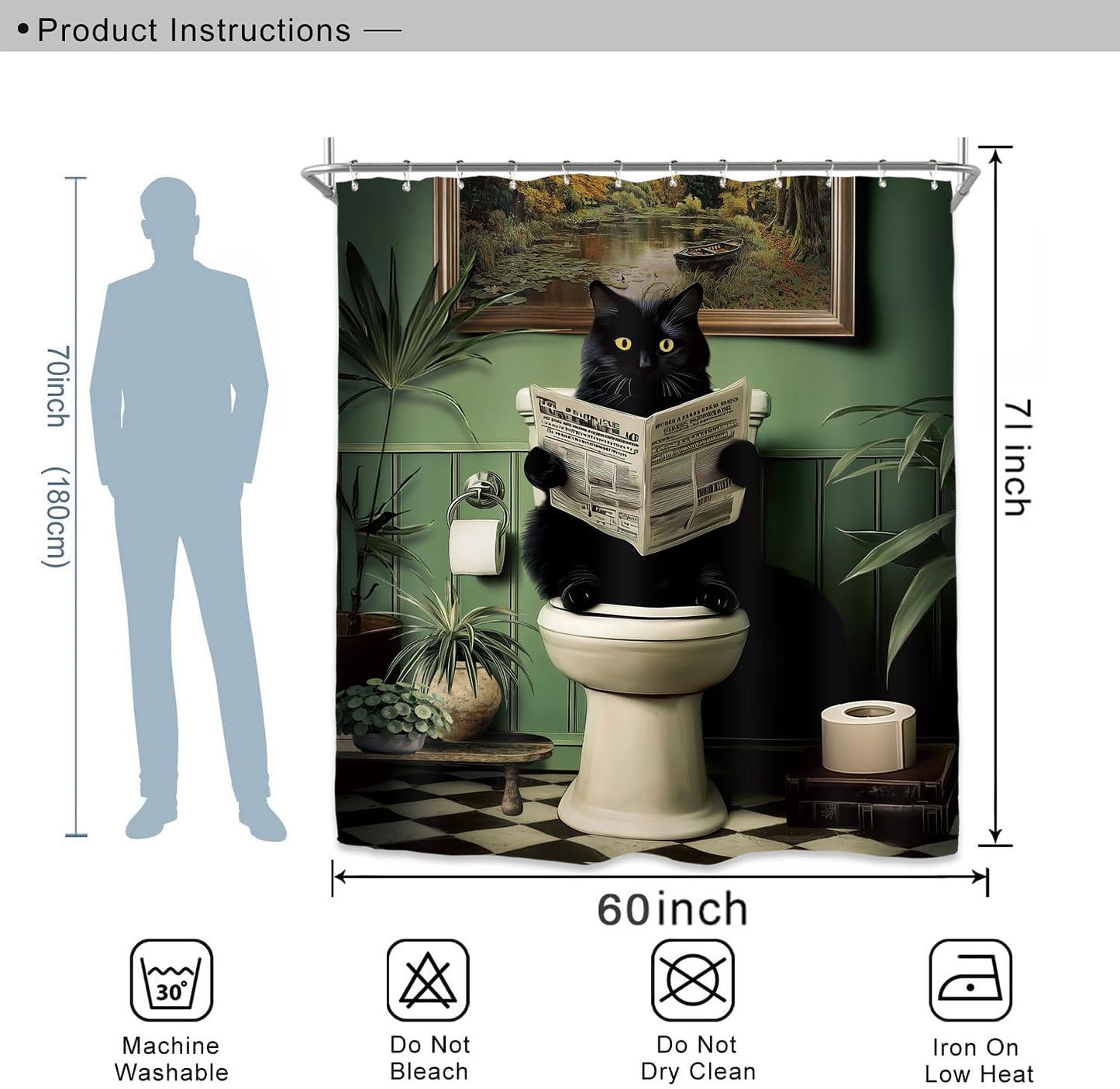 Miyotaa Black Cat Shower Curtain Set 60Wx71H Inches Funny Retro Reading Newspaper Green Plant Pet Vintage Botanical Waterproof Bathroom Curtain with 12 Hooks
