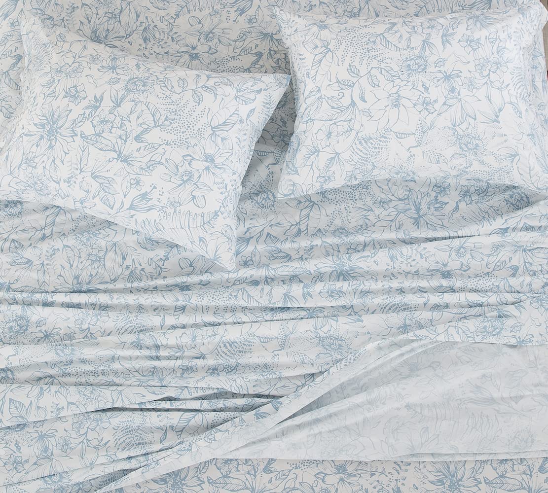 DAUAOTO Cotton Sheets Set King Size 4 Pieces Flower Bedding Sets, Aqua Blue Floral Pattern, Up to 14" Deep