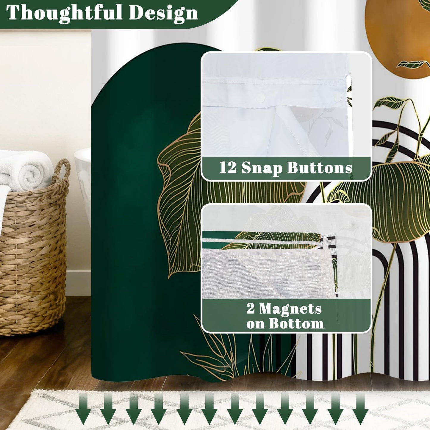 Xiazhilaio Abstract Monstera Leaf Shower Curtain No Hooks with Liner - 71″W x 74″L Waterproof Fabric with Mesh Top Window, Boho Sun & Geometric Print Bath Curtain for Modern Tropical Bathroom Decor