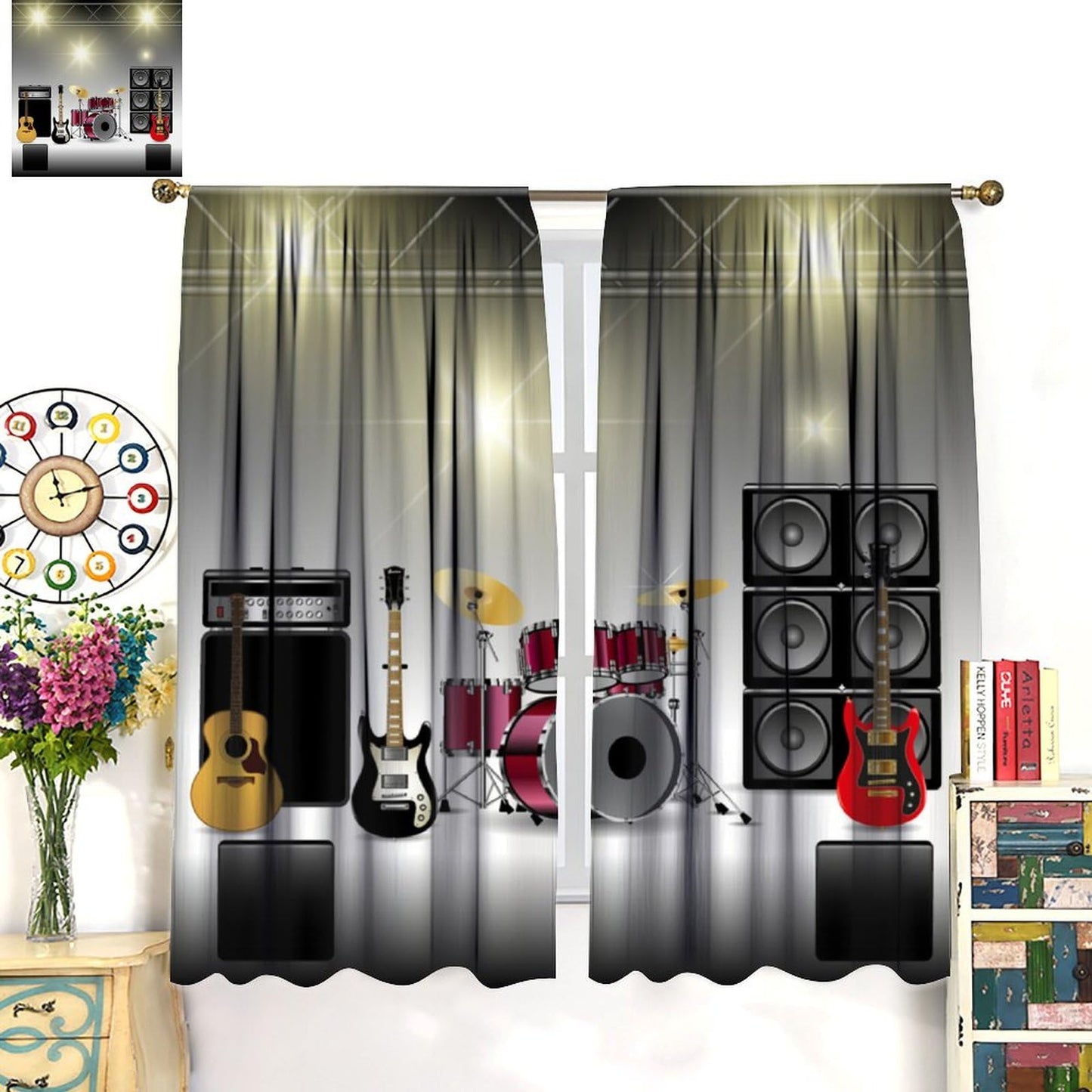 FAOTELY Rock Music Curtains Teens Boys Electronic Musical Instrument Curtain Guitar Drum Speaker Blackout Window Drapes for Bedroom Living Room Kitchen Cafe Decor （W21xL45 Inch） x2 Decor