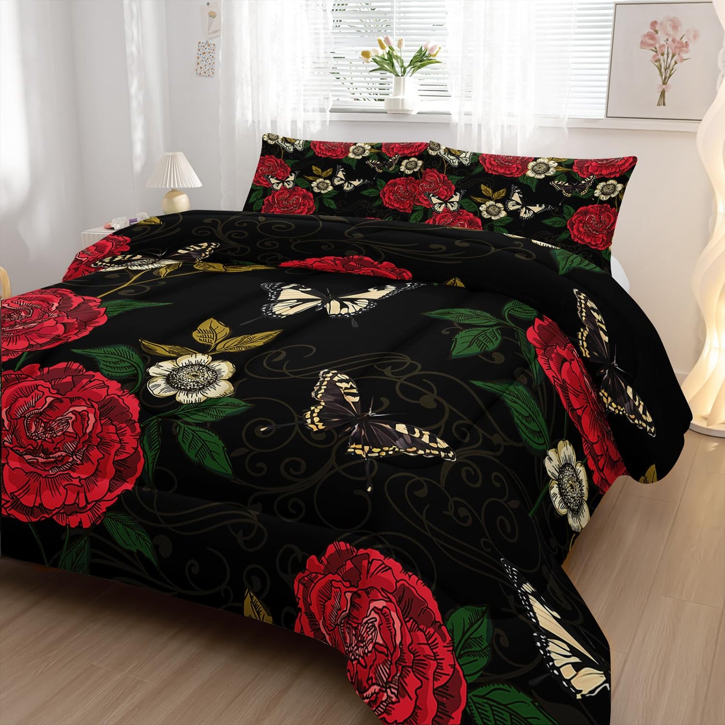 Nttopship Red Rose Comforter Set Butterfly Bedding Set Twin Size for Women Girls Bedroom Decor(1 Comforter + 2 Pillow Cases)