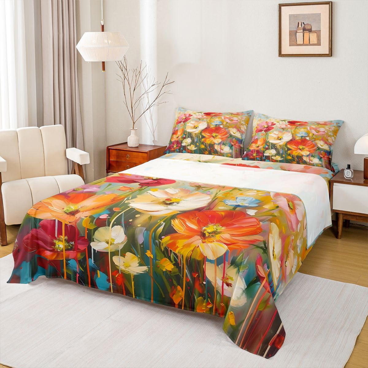 Feelyou Flower Bed Sheets Sets Queen Size Kids Boys Girls Retro Hippie Flower Bedding Set 60S 70S Groovy Bed Sheet Set with 16-Inch Deep Pockets 4Pcs with 2 Pillow Cases