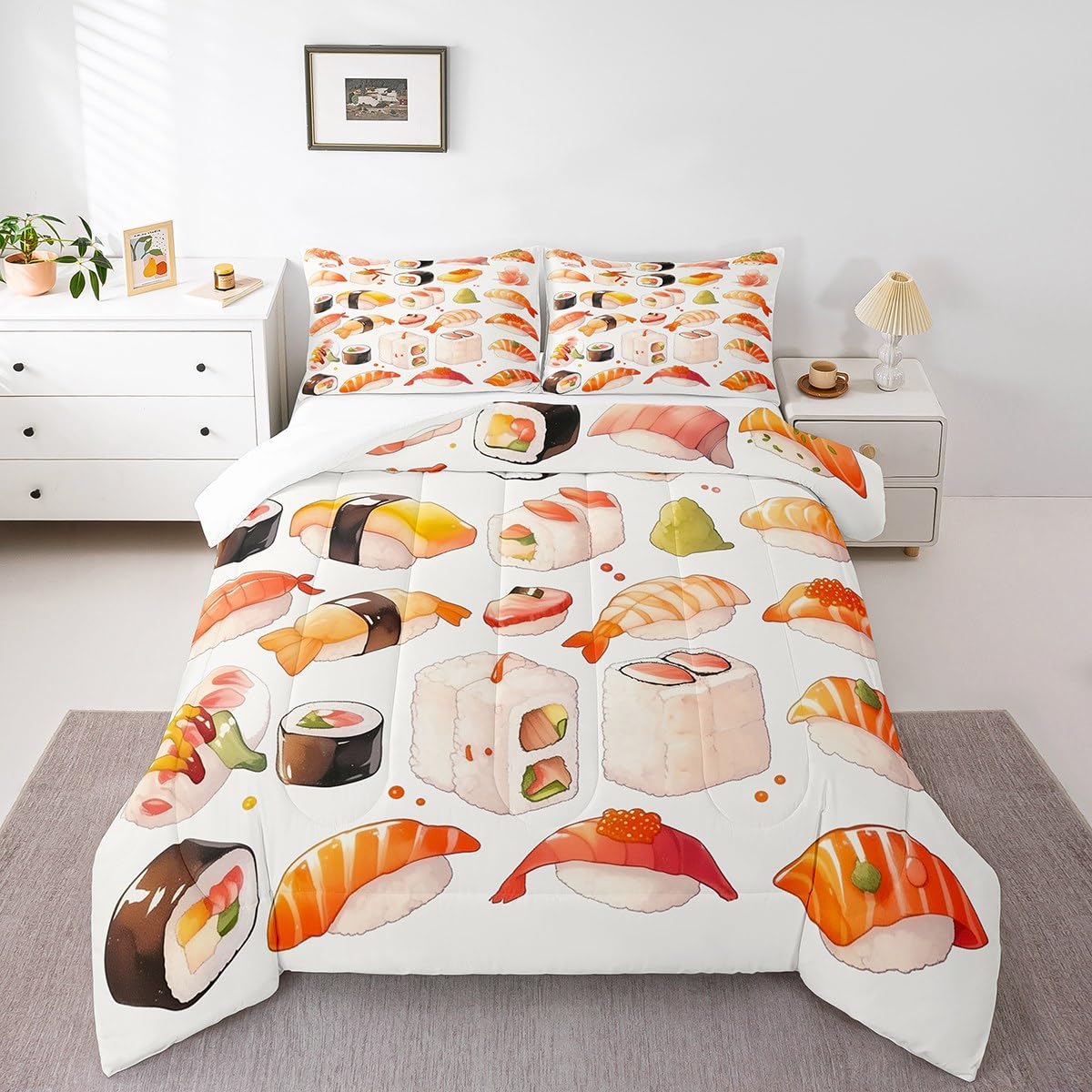Erosebridal Cute Sushi Bedding Set Queen,Japanese Food Comforter Set Sushi Gifts for Kids Teens Adults,Anime Style Quilt Bed Set Funny Food Bed Comforter Sets with 2 Pillowcases Bedroom Decor