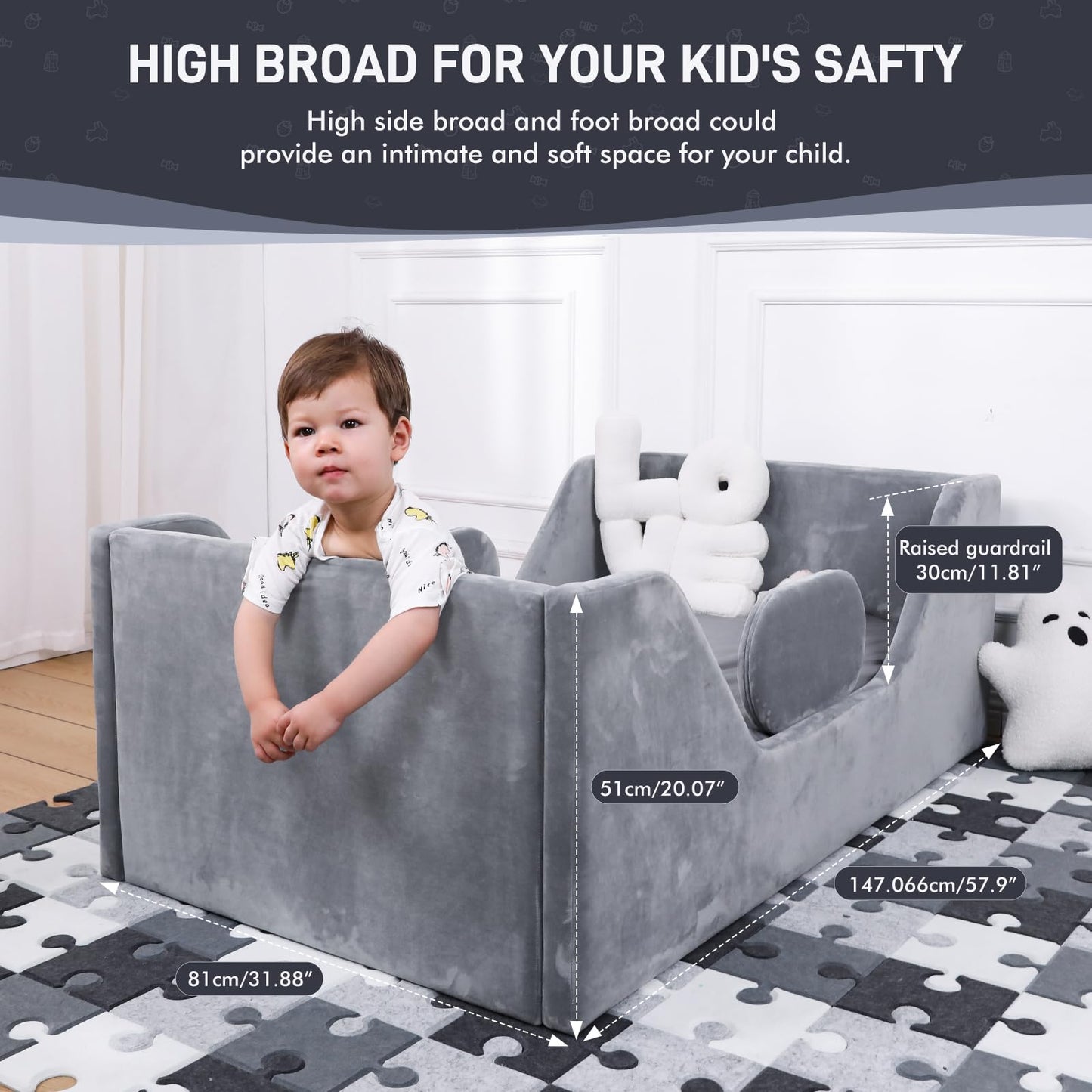weeonekids Toddler Bed, Child Bed for Kids with Extra Safty Broad, Standard Crib Size Toddler Bed, Certified Fabric Toddler Beds,Toddler Flood Bed (Gray)