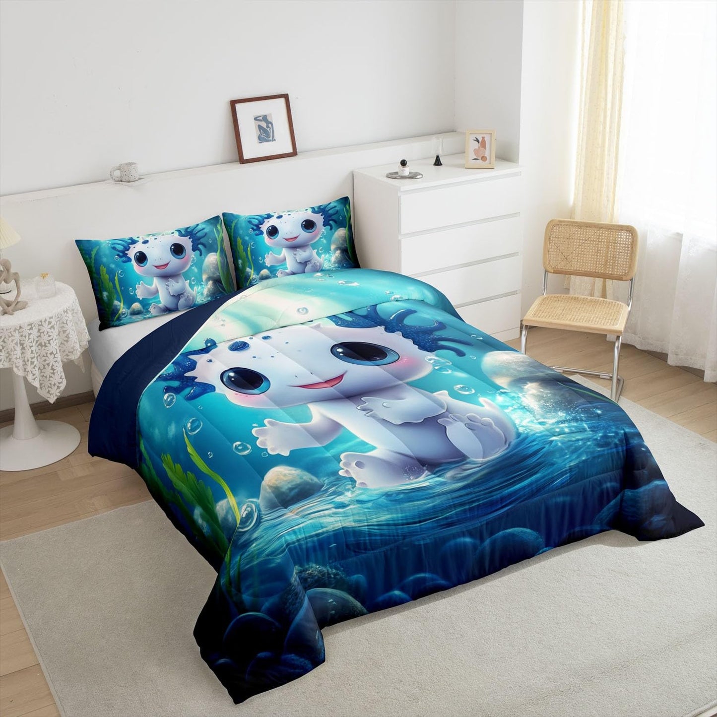 Feelyou Cute Axolotl Comforter Set Twin Size Kids Kawaii Ocean Sealife Bedding Set for Boys Teens Blue Cartoon Salamander Comforter Gift for Girls Women Duvet Set Sunshine Quilt Set