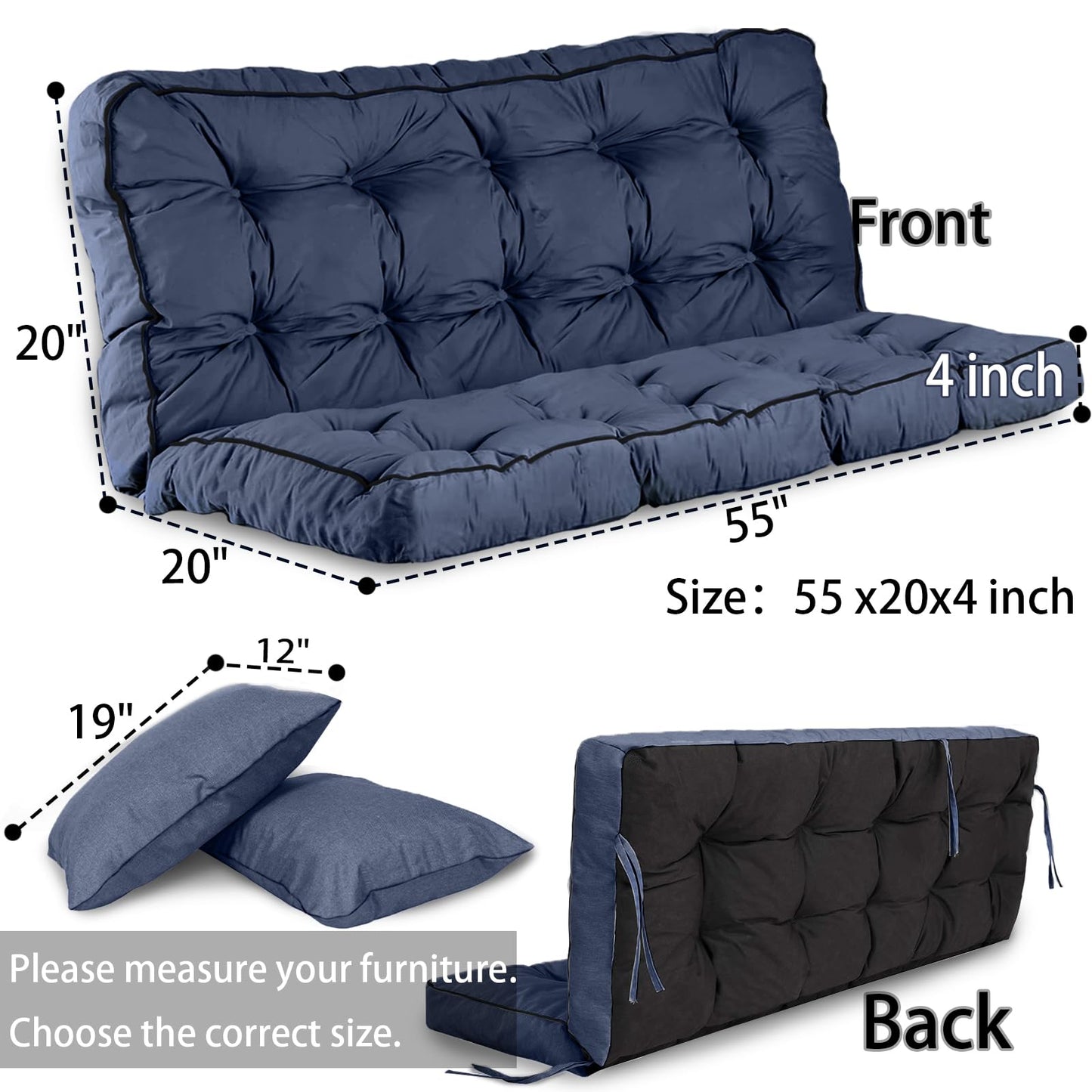 Yehotty Outdoor Swing Cushions Waterproof, Thicken Porch Swing Cushion Replacement, 55 Inch Bench Seat Cushions for Garden Furniture Pad (Navy Blue, 40X55 inch)