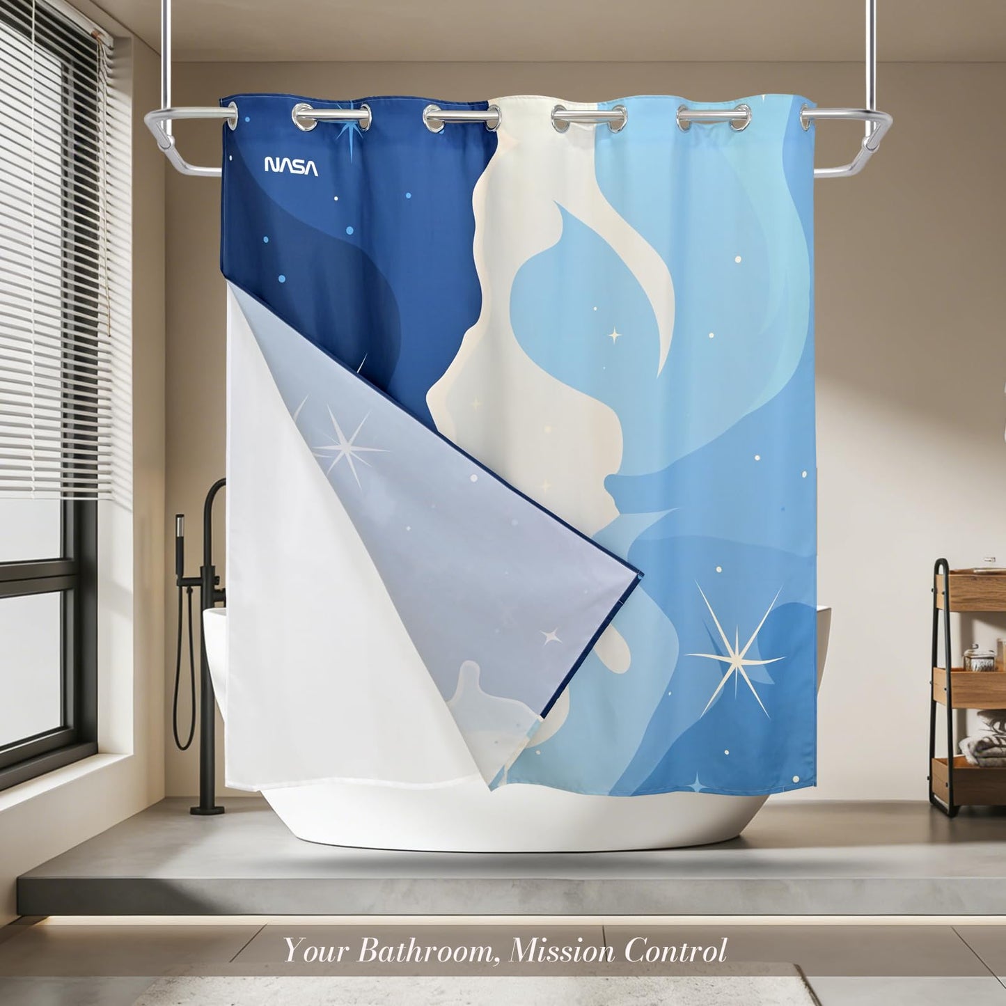 DRIFTED ROOT NASA Licensed No Hook Shower Curtain Set, Carina Cascade Nebula Cloud Design, Space Poster Art, Oxford Cloth, Bathroom Hotel Decor (Carina Cascade-Blue, 72" W x 74" L (Pack of 1))