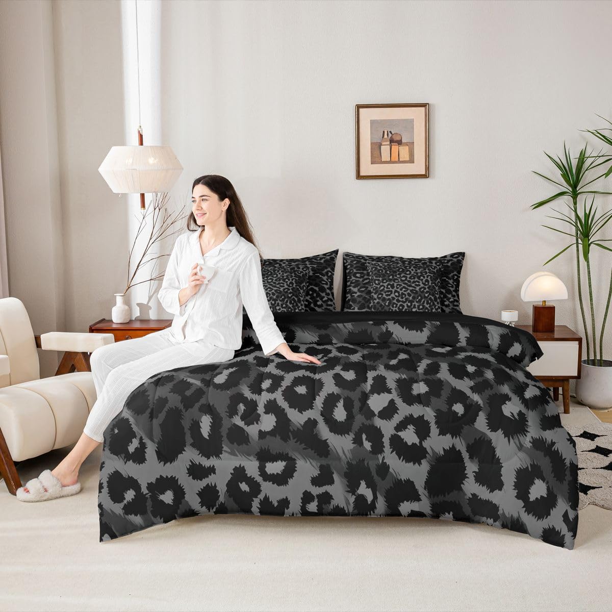 Erosebridal Black Leopard Comforter Set 7 Piece King Size Cheetah Decor Bedding Set for Boys Women Adult Teens Kid African Safari Animal Bed in A Bag Cheetah Wildlife Sheet Sets