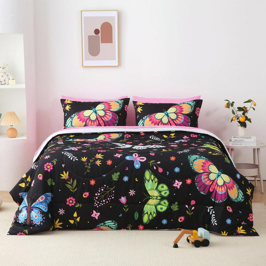 Jameswish Kids Butterfly Comforter Set Full Size for Girls Colorful Flowers Leaves Bedding Set for Teens Black 7 Piece Bed in A Bag Super Soft All Season