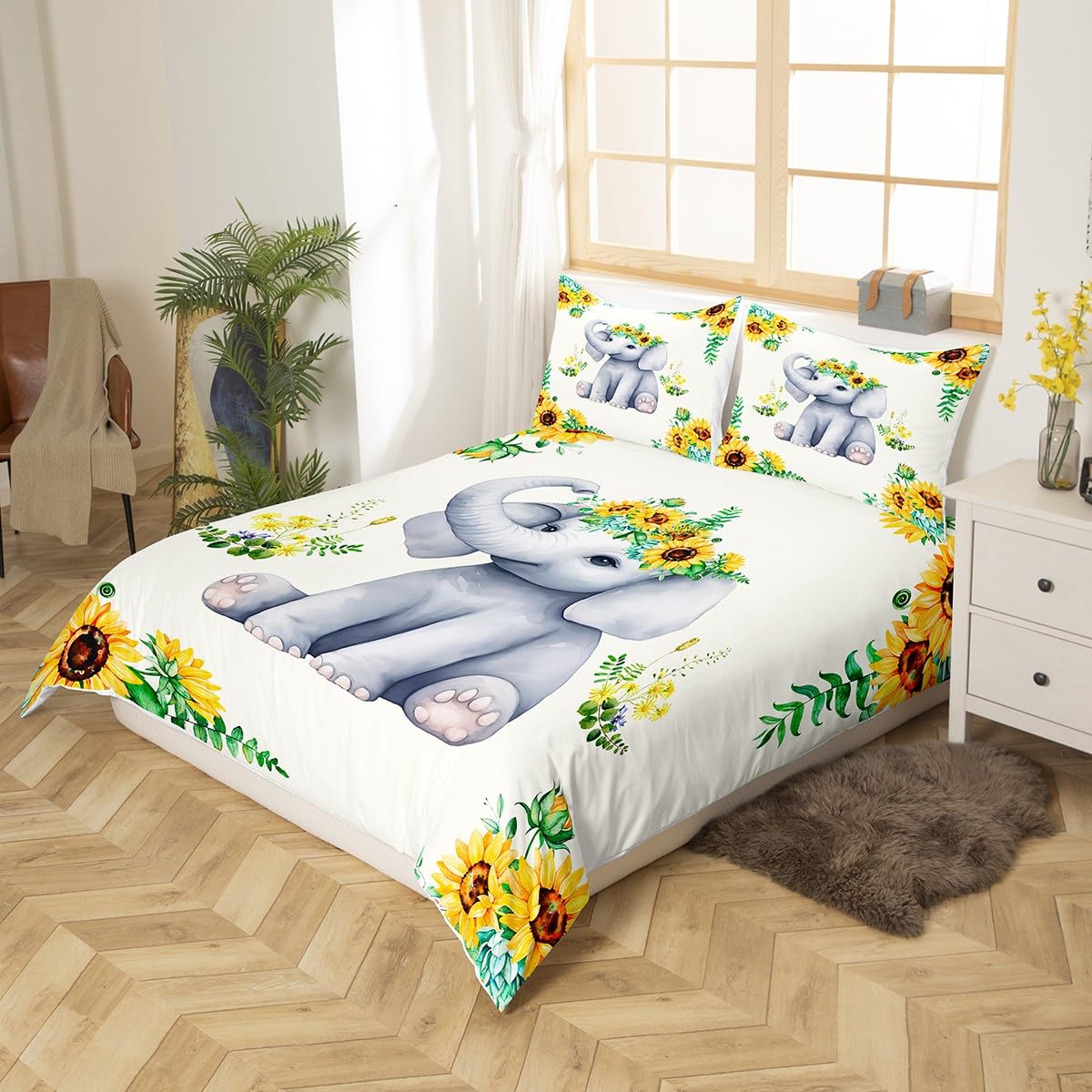 Cute Elephant Kids Duvet Cover Set King Size,Boys Girls Adults Cabin Decor,Sunflowers Plants Rustic Farmhouse Comforter Cover,Cartoon Animal Kawaii Bedding Set,Bright Quilt Cover,2 Pillowcases