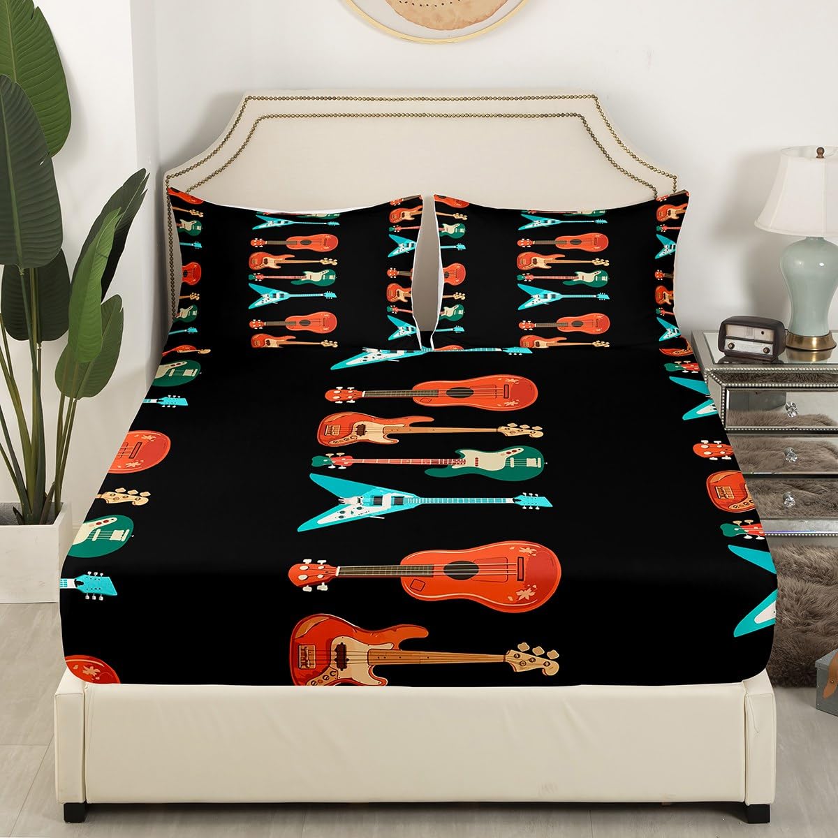 Erosebridal Guitar King Bed Sheets Set Music Theme Sheet Set for Kids Boys Girls Music Equipment Sheets Black Flat Fitted Sheet 4 Pcs Bedroom Decor