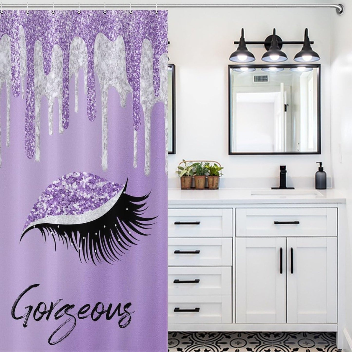 TYVGICZ Eyes Eyelash Shower Curtains Purple Silver Pretty Eyelash Hello Gorgeous (No Glitter No Sequin) Print Polyester Fabric Bath Curtains for Women Female Bathroom Decor,66x72 Inch Purple