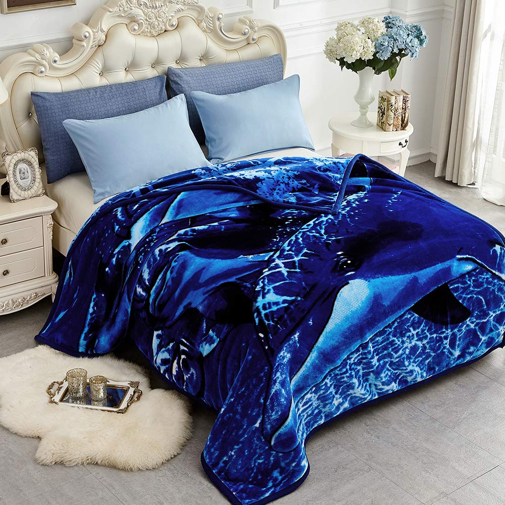 JYK Soft Fleece Bed Blanket Queen Size Dolphin/Lion - 520GSM Fuzzy Cozy Luxury Warm Blanket Microfiber, 2 Ply Reversible A&B Pattern Room Home Decor Christmas Decorations, 75" x 87 inches, 5 LB