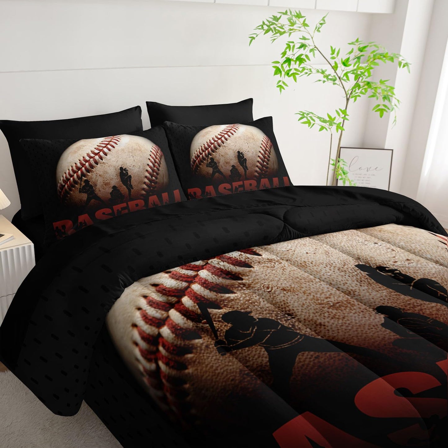 Smell Sunshine 7Pcs Baseball Comforter Set 3D Sports Themed Printed Bedding Set with 1 Comforter, 1 Flat Sheet, 1 Fitted Sheet and 4 Pillowcases for Boys and Girls Bedroom (Baseball Twin