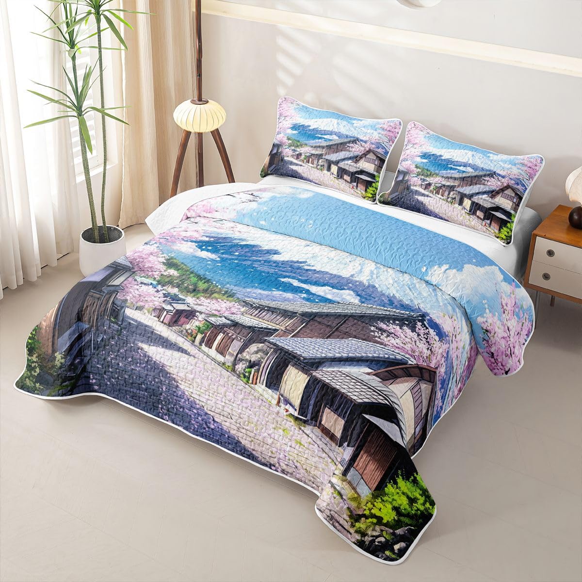 Erosebridal Japanese Ukiyo-E Quilt Twin Size - Watercolor Landscape Bedspread Japanese Cherry Blossom Bed Coverlet with 1 Pillowcase