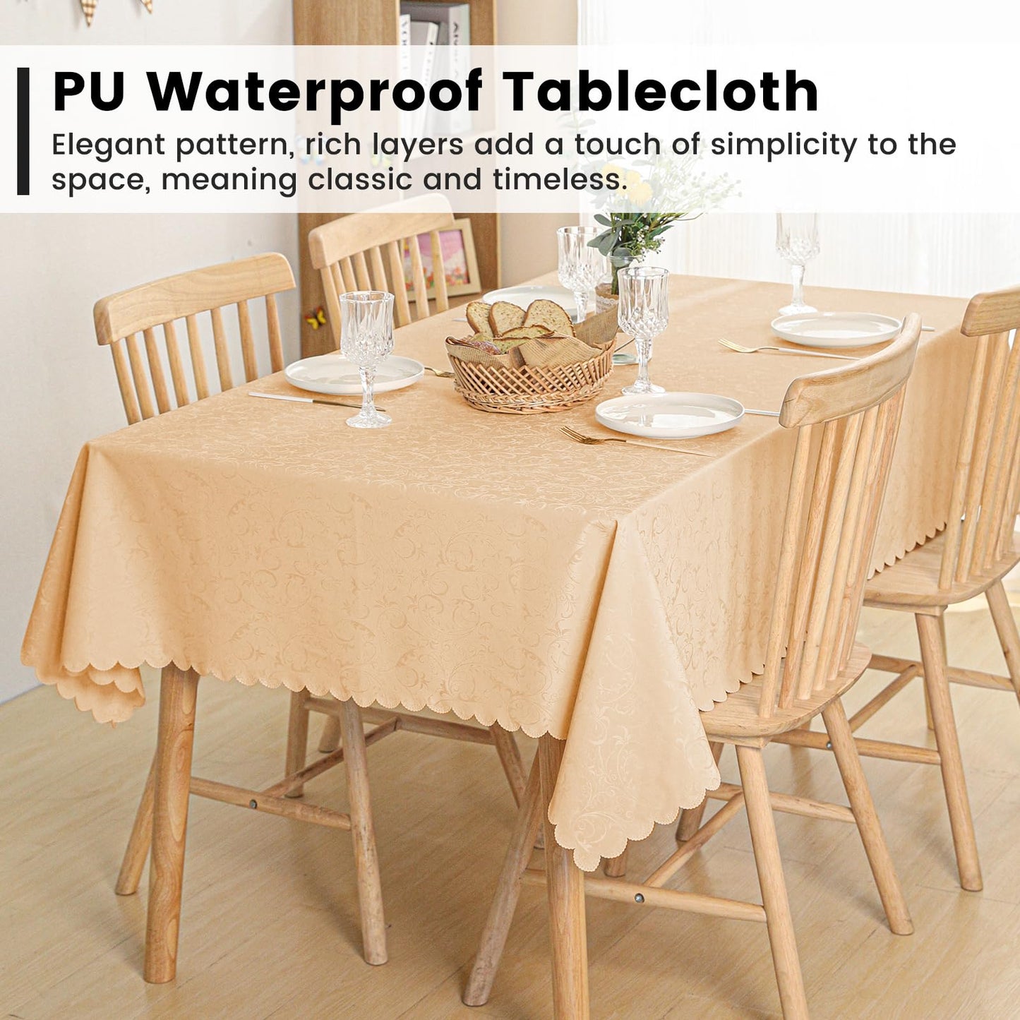 Qubjus Rectangle Jacquard Tablecloth High Weight Heavy Waterproof oilproof with Lace Table Cover for Dining Table, 60x104 Inch, Gold