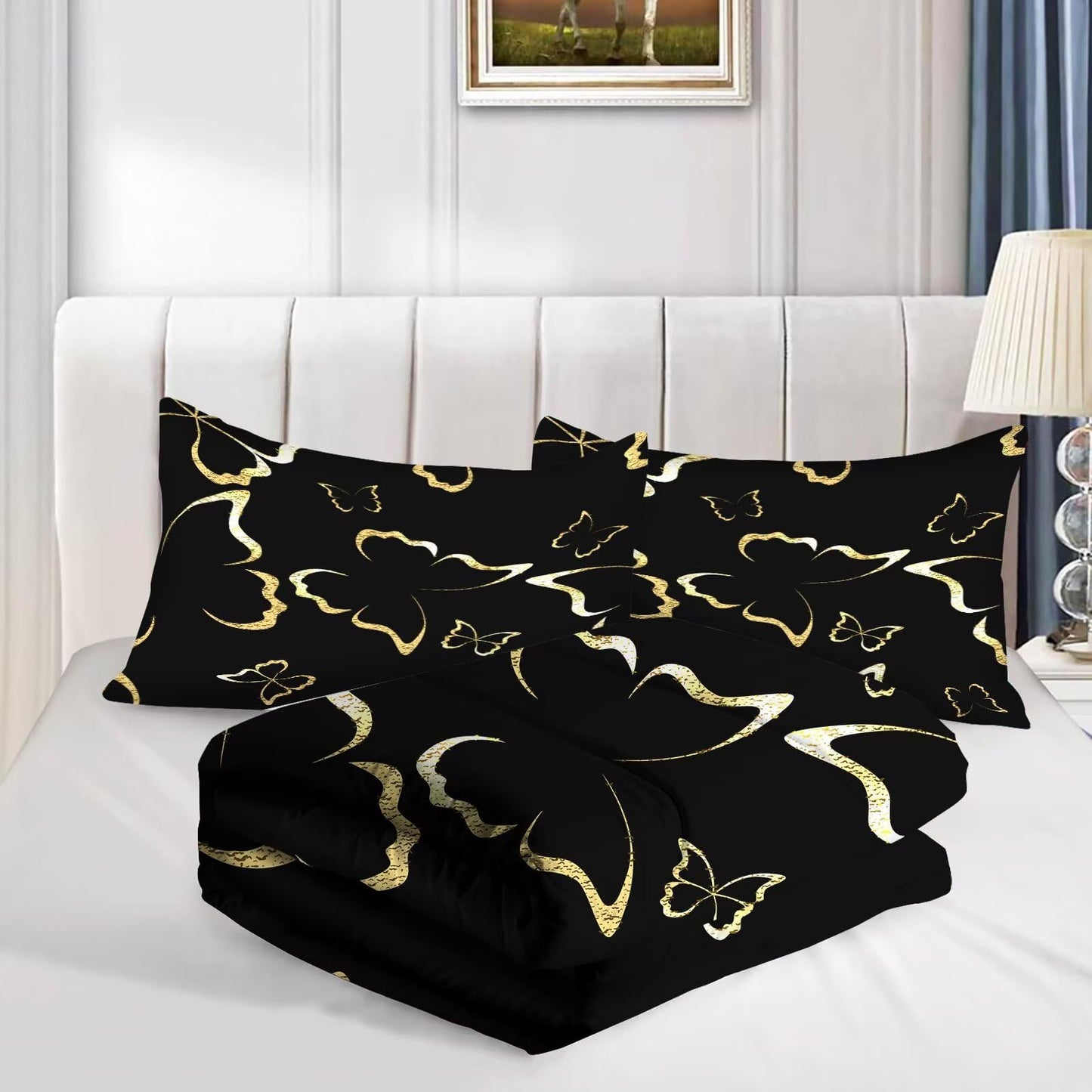 DAZYFA Black and Gold Butterfly Comforter Set Full/Queen Size Luxury Bedding for Boys Girls Men Women Adults Modern Bedroom Decor Bet Set, 1 Comforter 2 Pillowcases