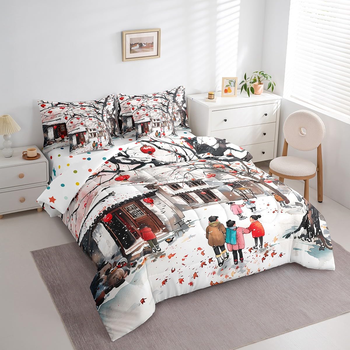 Erosebridal Festival Lantern Bedding Set King Size, Winter Trees Buildings Comforter Set, Chinese Style Kids Teens (Comforter+Fitted+Flat Sheet+2 Pillowcases+2 Throw Pillow Covers) 7 Pieces Bed Set