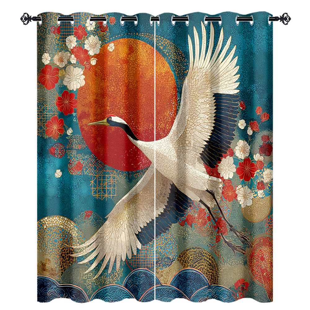 XSUPFLYM Colorful Abstract Japanese Crane Window Perforated Curtains Beautiful Red Sun Animal Crane Cherry Blossom Thermal Curtains Suitable for Bedroom Living Room 2 Panels.Each 21" W x 54" L