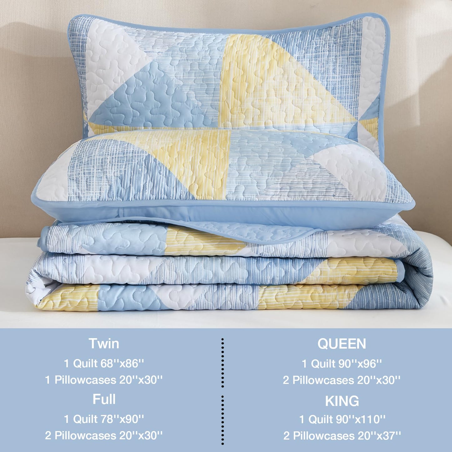 Dintszyayue Quilt Queen Size, 3 Pieces Patchwork Blue Yellow Bedspread Bedding, Soft Lightweight Microfiber Geometric Coverlet Set for All Spring Quilt with 2 Pillowcases90 x96