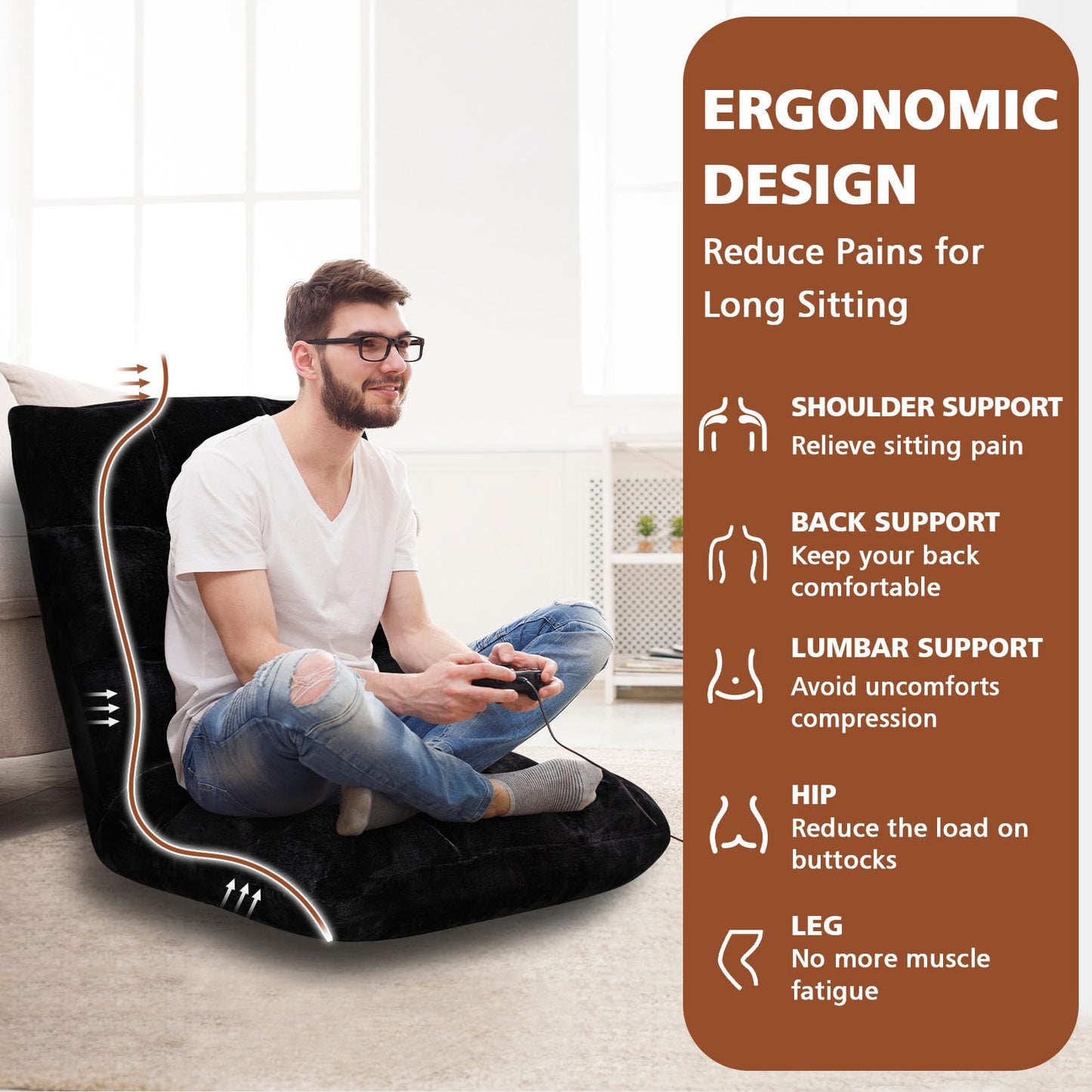 Buymoth Floor Chair 14 Adjustable Positions w/Back Support, Padded Lazy Sofa w/Breathable Cotton & Skin-Friendly Coral Velve for Reading Meditating Gaming,Black