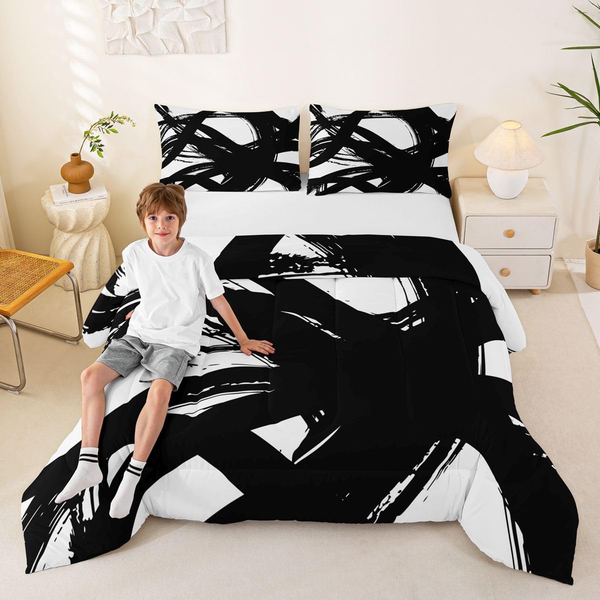 jejeloiu Black and White Comforter Set King Size， Abstarct Bedding Set for Kids Boys Girls Modern Stripe Neutral Art Duvet Quilt Bedroom Decor Microfiber 3 Pcs with 2 Pillow Cases