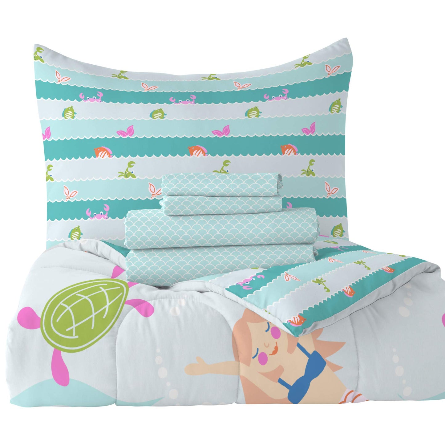 dream FACTORY Kids 5-Piece Complete Set Easy-Wash Super Soft Microfiber Comforter Bedding, Twin, Light Blue Mermaid Dreams