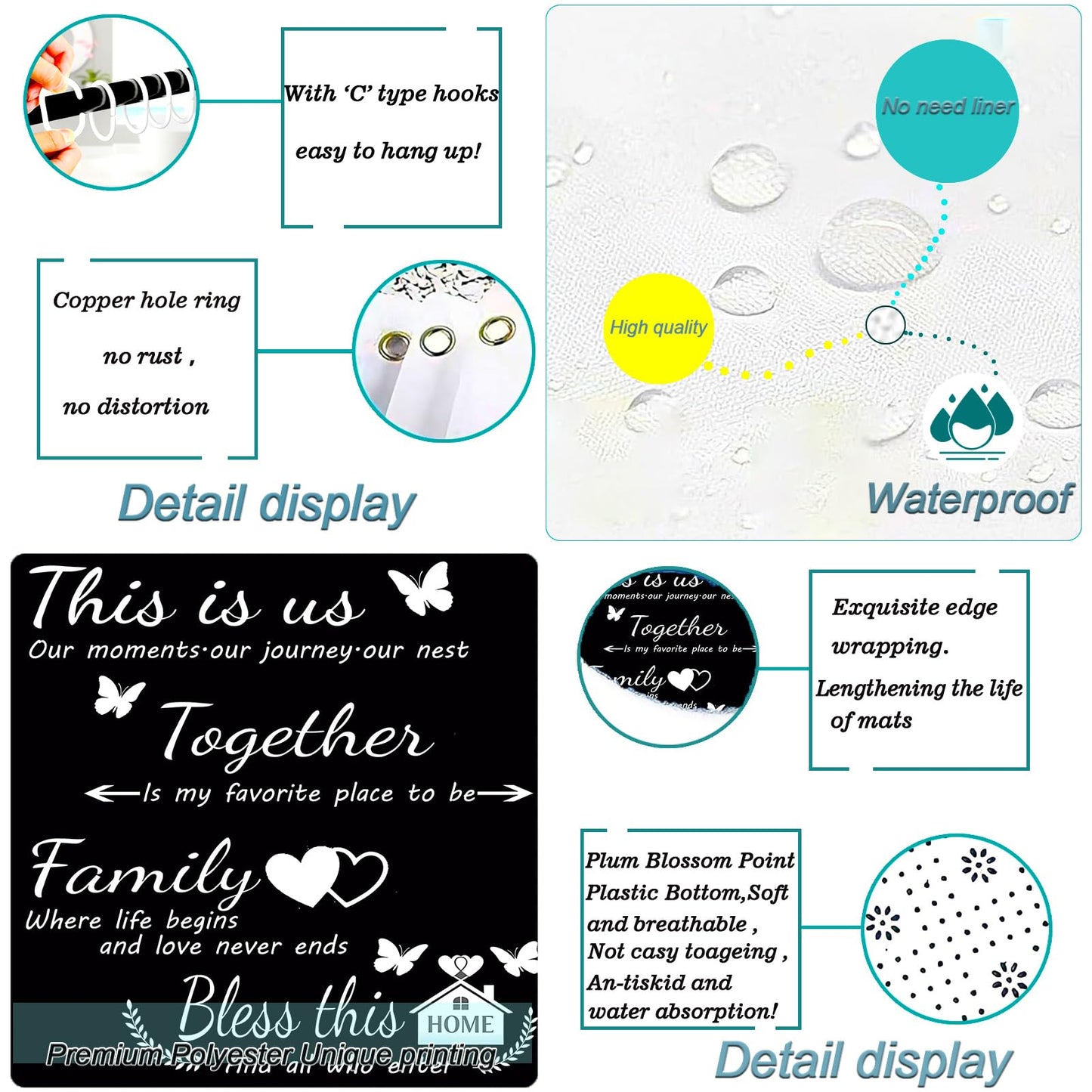 NEWSUYAA Black Bathroom Shower Curtain Set with Family Quotes,4 Pcs Home Inspirational Bath Decor with Non-Slip Bath Mat, Toilet Lid Cover & U-Shape Rug, Modern Farmhouse 72x72 Inch with Hooks