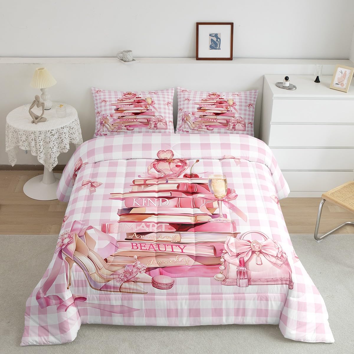 Erosebridal Girly Cute King Bedding Set for Teen Girl Kids | Pink Modern Fashion Comforter Set Pink White Plaid Bed Collections Trendy Coquette Duvet Quilt Sets