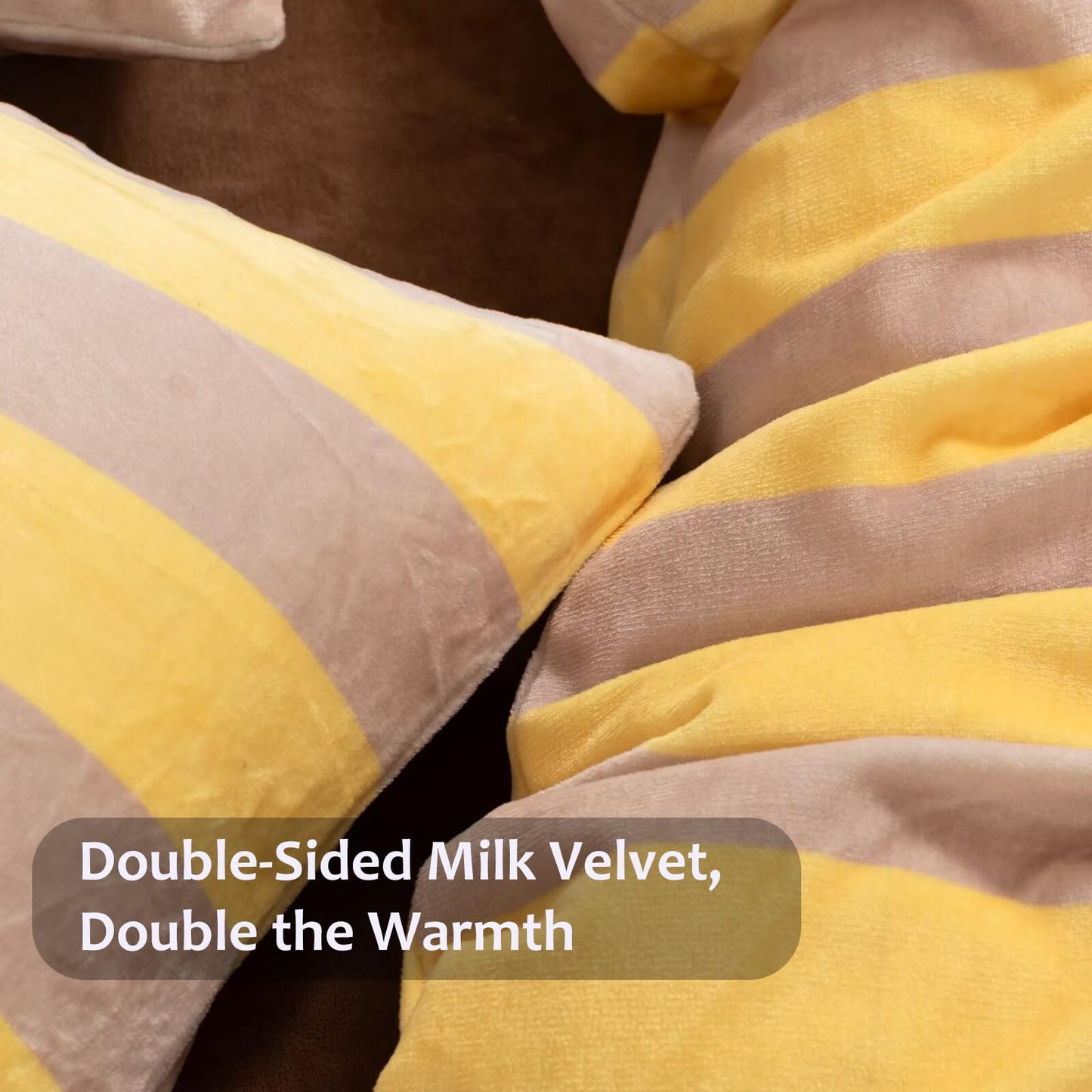Bedbay Yellow Striped Comforter Set King Size Luxury Fleece Fluffy Comforter Set Plush Flannel Bedding Yellow Stripes Pattern Bed Set Soft Warm Velvet Bedding Comforter for All Seasons