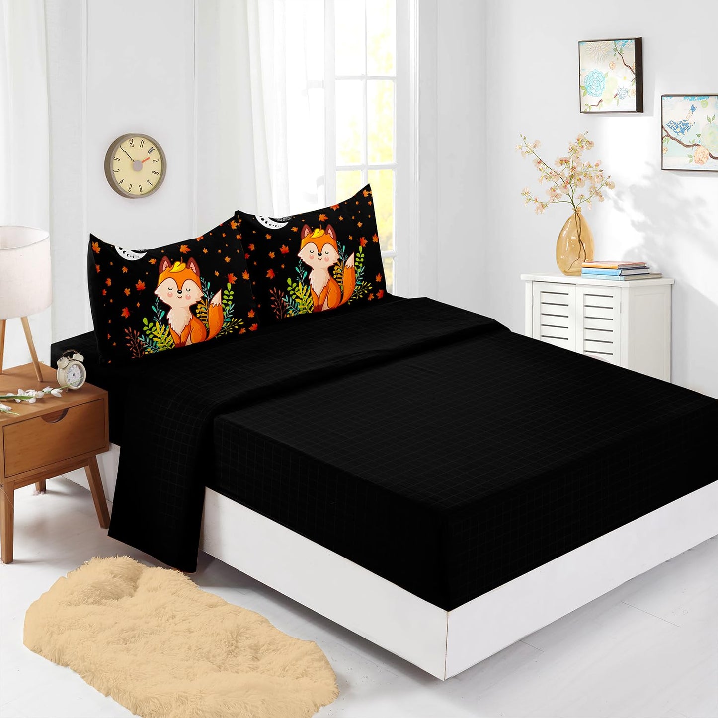 XYNHML Cartoon Fox Comforter Set 7Pcs Cute Fox Bedding Set for Kid Boy Girl Adult Moon Plants Leaves Printed Quilt Set Twin with 2 Sheets,2 Pillowcases,2 Throw Pillow Covers