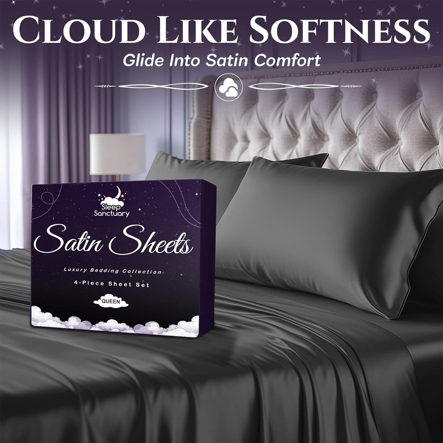 SLEEP SANCTUARY Satin Sheets Queen Size – 4 Piece Luxury Silky Bed Set, Softer Than Silk, 15" Deep Pocket, Cooling & Wrinkle-Free, Moisture-Wicking & Breathable for Hair & Skin (Stone Grey)