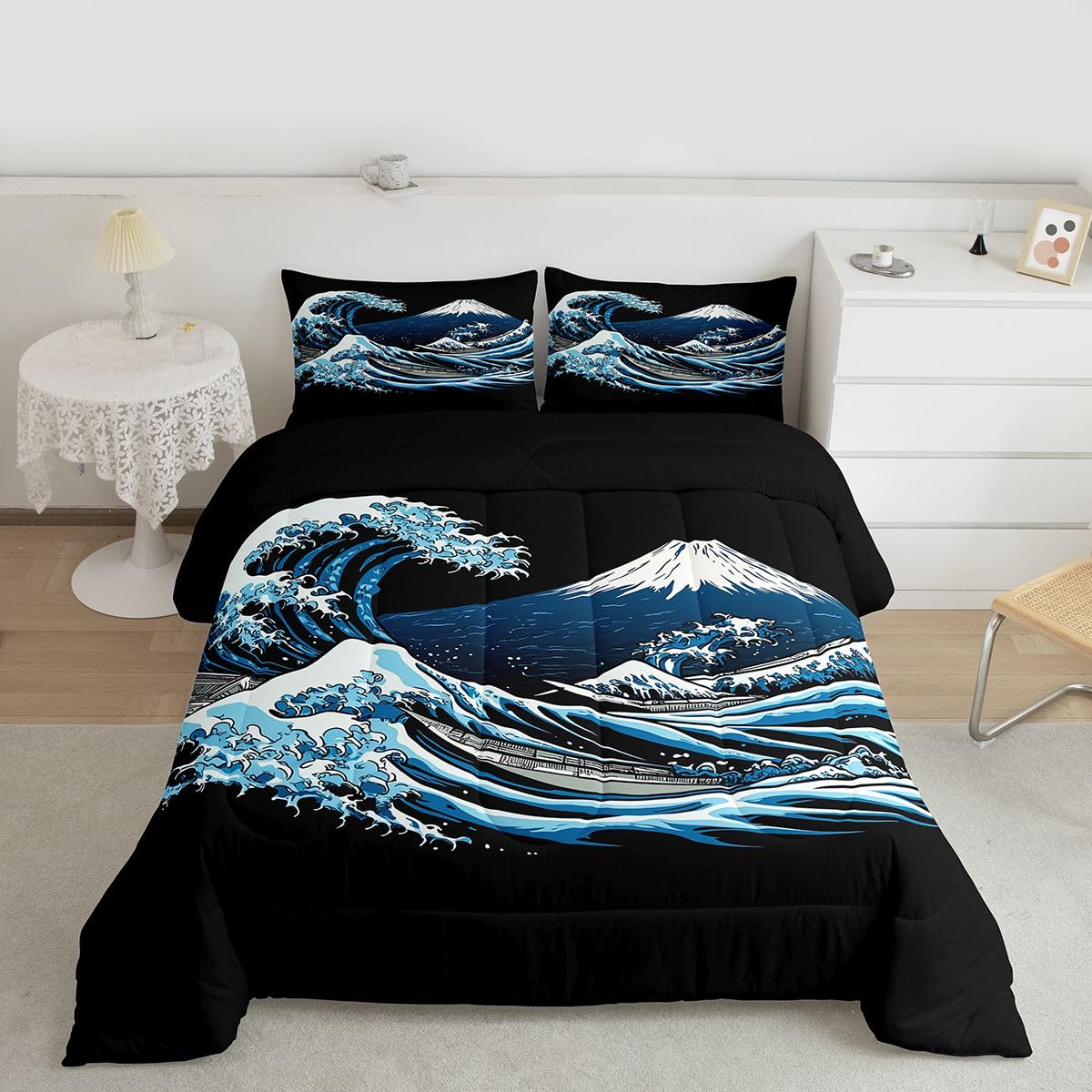 jejeloiu Wave Pattern Comforter Set Queen Size Japanese Style Bedding Set for Kids Boys Girls Mountain Duvet Quilt Ocean Wave Bedroom Decor Microfiber 3 Pcs with 2 Pillow Cases