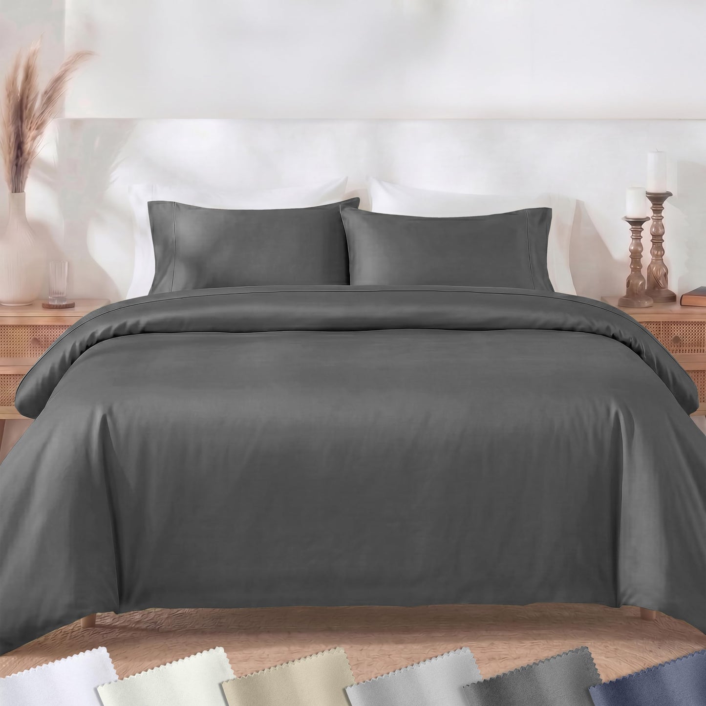 California Design Den 3 Pc Full/Queen Size Duvet Cover Set - Winner Good Housekeeping Best Bedding Awards 2025, 400 Thread Count Sateen, 100% Cotton Duvet Cover Queen,Button Closure, Corner Ties -Grey