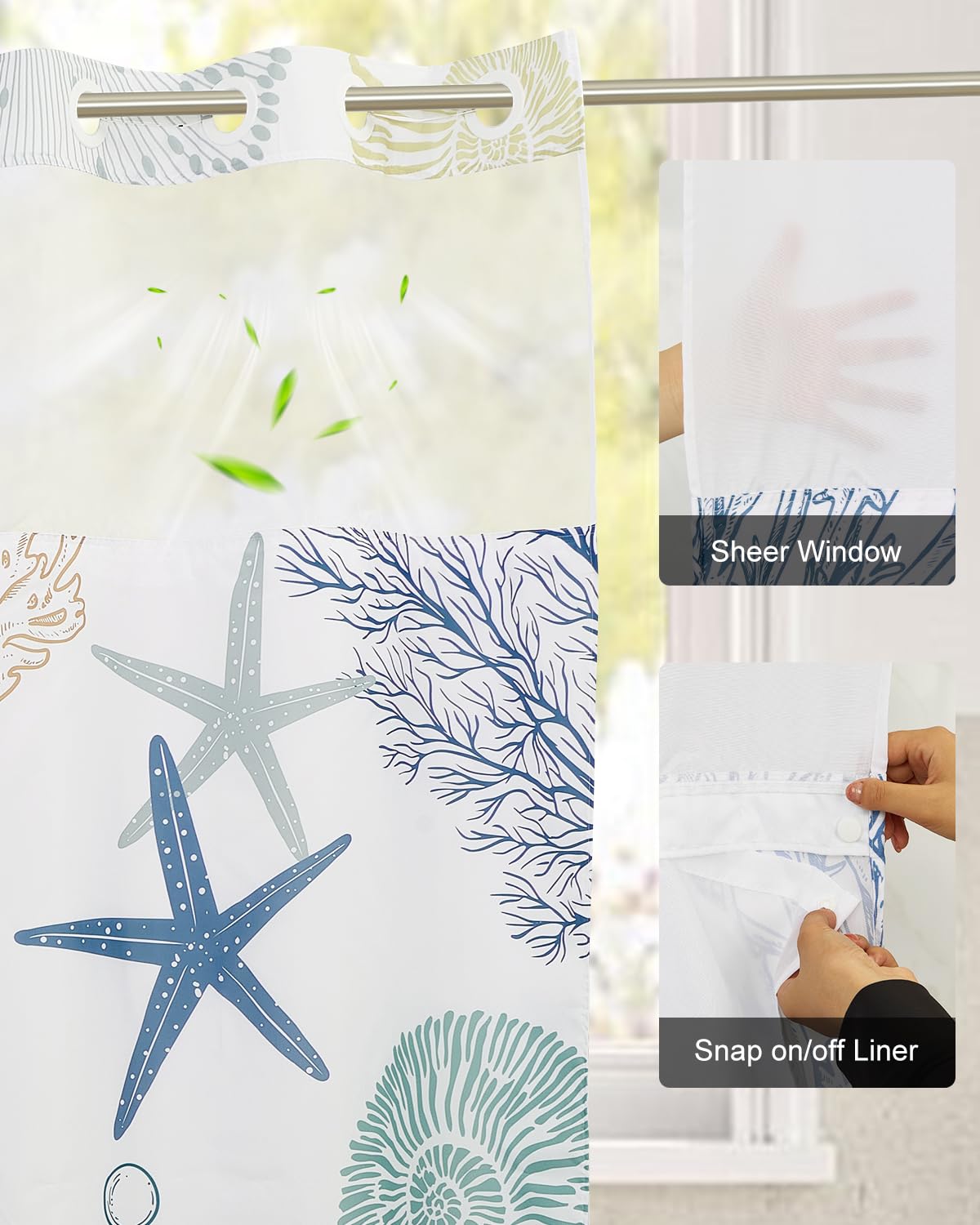 Xiazhilaio No Hook Shower Curtain with Snap in Liner Set - Sea Seashells, Starfish & Coral Print Shower Curtains for Coastal Nautical Ocean Bathroom, Waterproof Bath Curtain with Mesh Top, 71x74 Inch