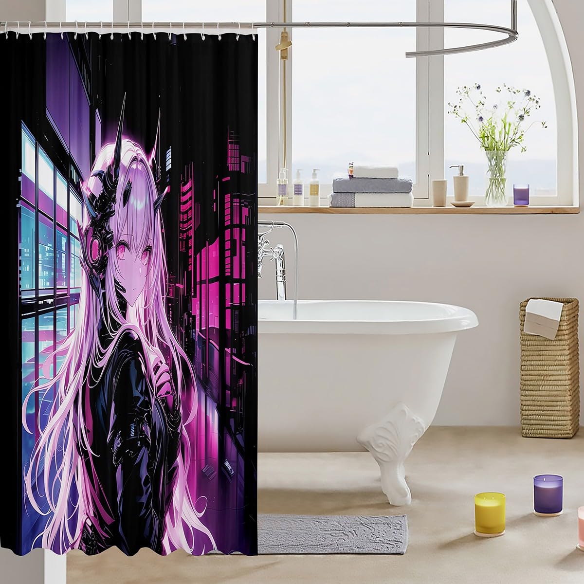 Erosebridal Japanese Anime Fabric Shower Curtain, Anime Girl Bathroom Accessories 72" W X 78" L Kawaii Japanese Style Shower Curtain Cartoon Japan Animation Waterproof Decor for Boys Bathroom