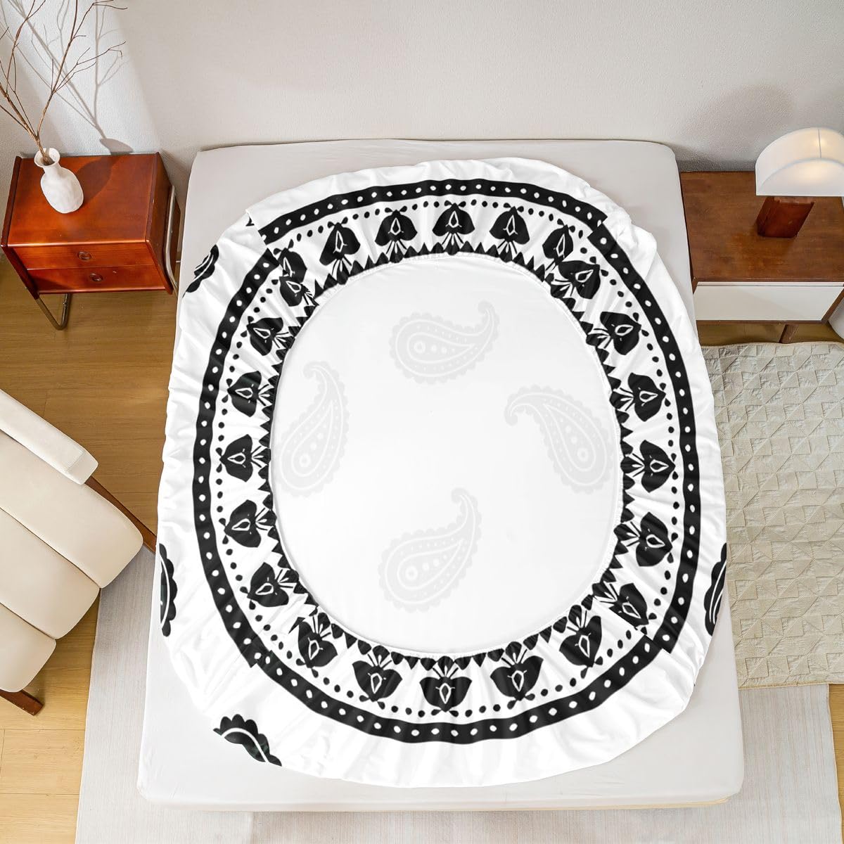 Erosebridal Paisley Floral Bed Sheets Set Full Mandala Exotic Chic Flower Sheet Set Retro Boho Sheets Black White Flat Fitted Sheet