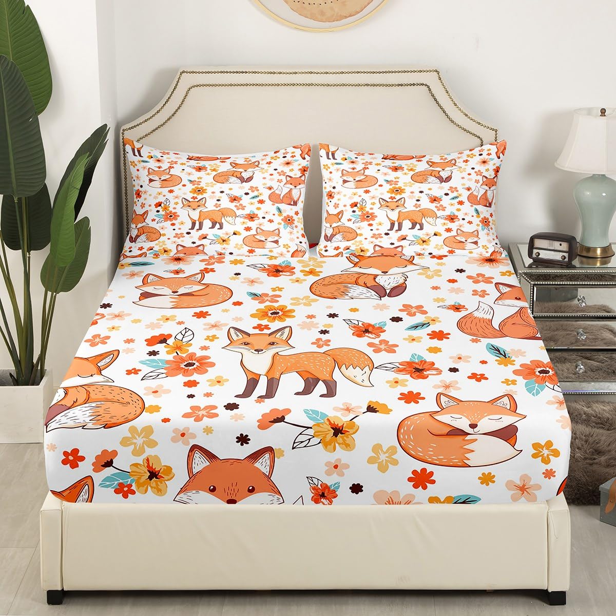Manfei Cute Fox Kids Fitted Sheet Full Size,Cartoon Animals Toddler Bedding Set,Flowers Plants Rustic Farmhouse Bed Cover,Colorful Lovely Sheet,2 Pillowcases,Full (54*75*16'') (ZZRS700GYY-CL_USf)