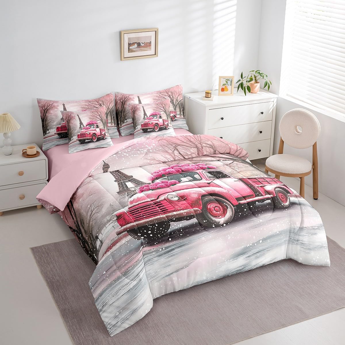 Erosebridal Valentine's Day 7 Piece Bedding Set Pink Roses Truck Car Comforter Set Full Size,Eiffel Towel Bed in A Bag for Kids Boys Girls Teen,Winter Snowflakes Trees Sheet Set with Comforter