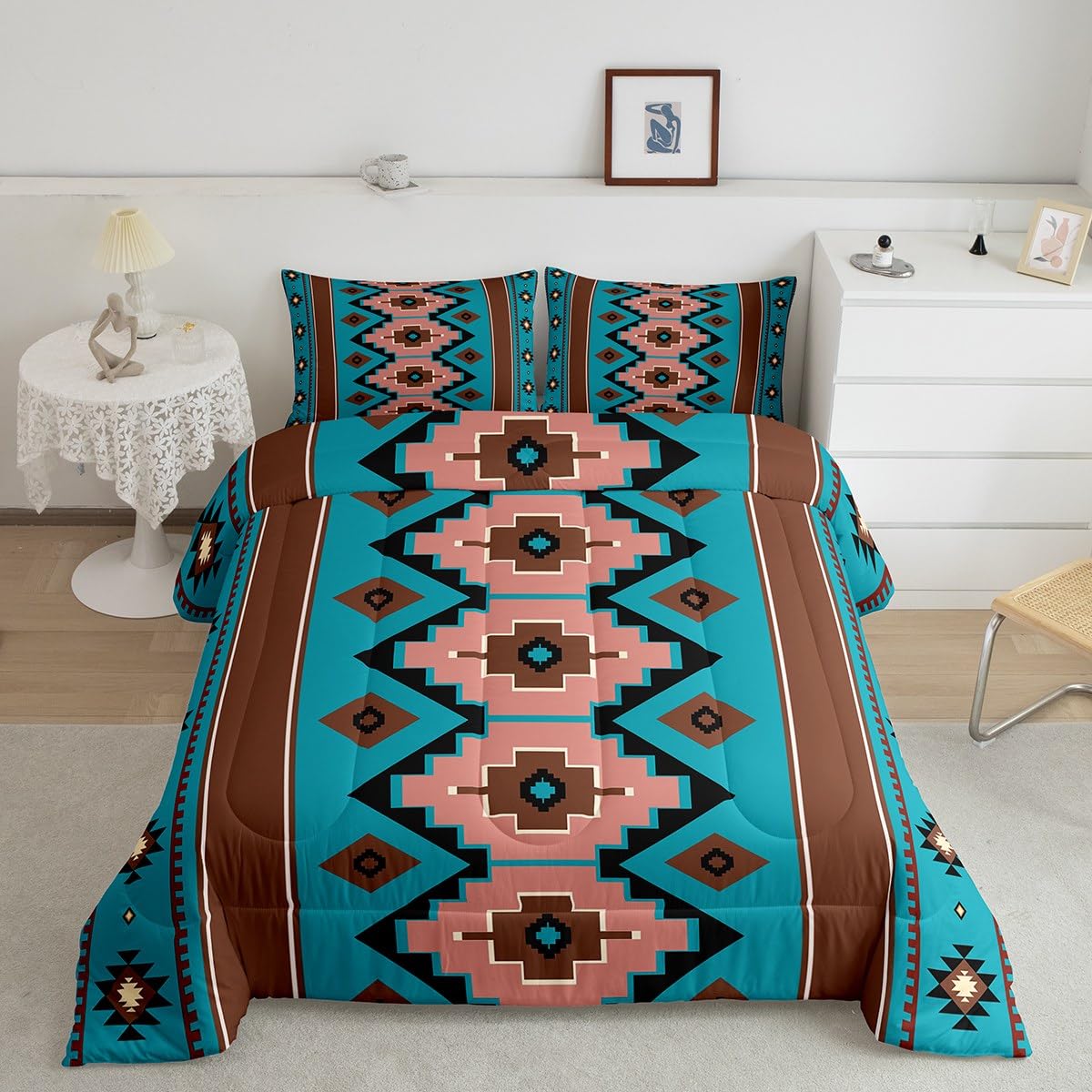 Feelyou Boho Aztec Kids Comforter Set Twin Size West Bedding Set Teel Brown Duvet Quilt for Kids Boys Girls Bedroom Western Decor Microfiber Ultra Soft Breathable