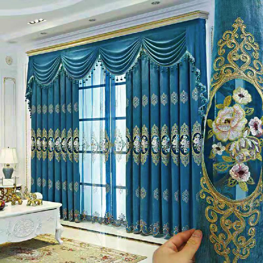 Amidoudou 1 Pair European Luxury Jacquard Hollow Curtains Embroidered Chenille Curtains for Living Room Bedroom (Royal Blue,51x96 Inch)