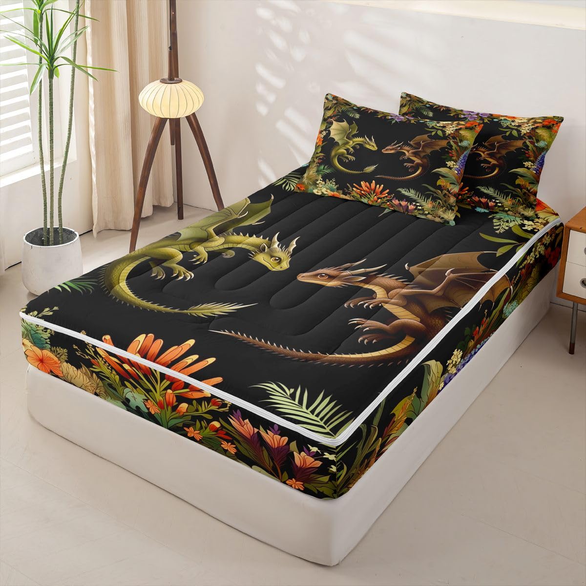 jejeloiu Flying Dragon Comforter Set Twin Zipper Bedding Set for Girls Boys Fantasy Animal Comforter with Fitted Sheet, Pillowcases Ancient Wildlife Zipper Bedding Breathable Spring Flowers Bed Set